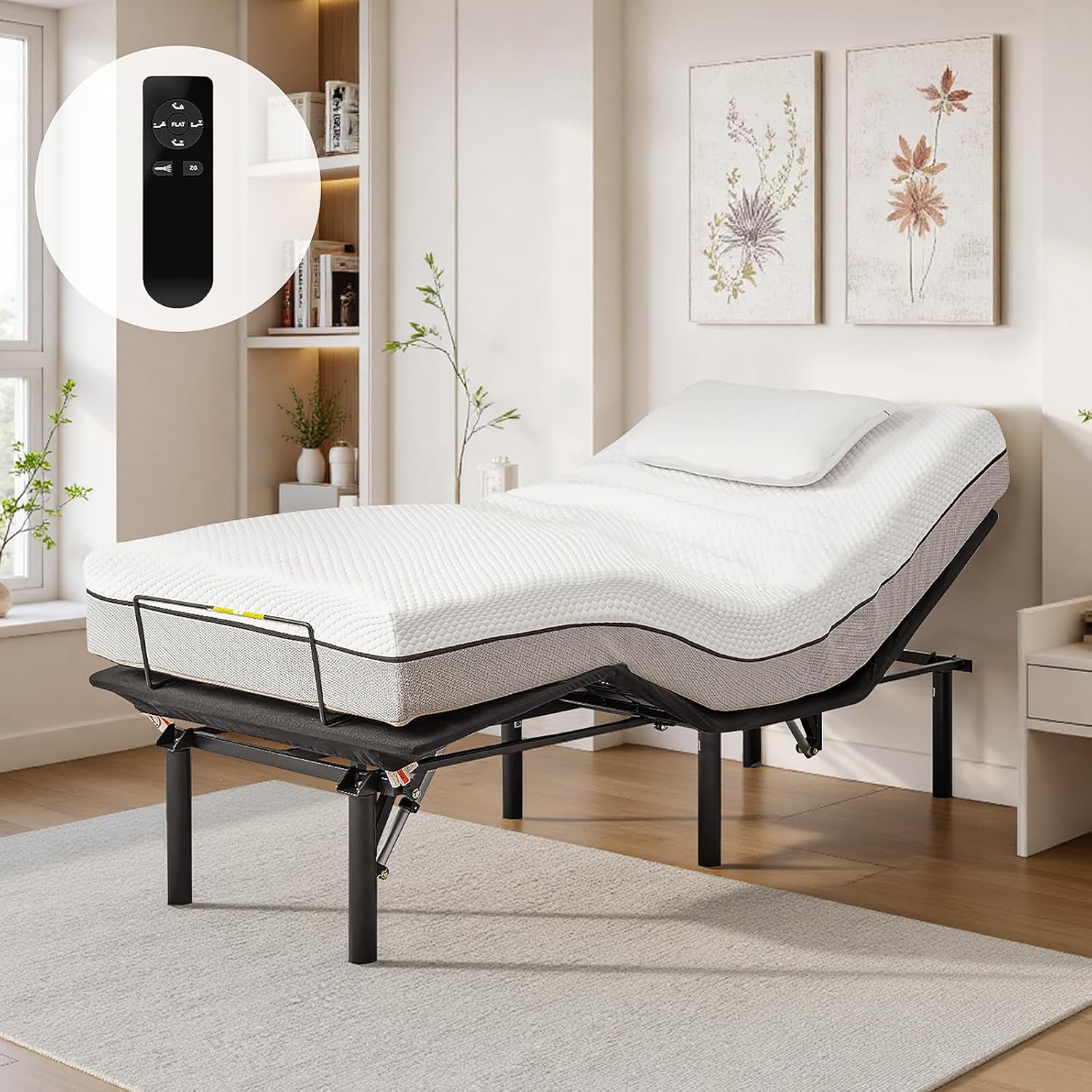 Premium Twin XL Adjustable Bed Base, Black Steel Bed Frame, Separate Head & Foot Incline, Wireless Remote Control Adjustable Bed, Ergonomic Electric-Bed for Sleeping, Reading, Working & Relaxation
