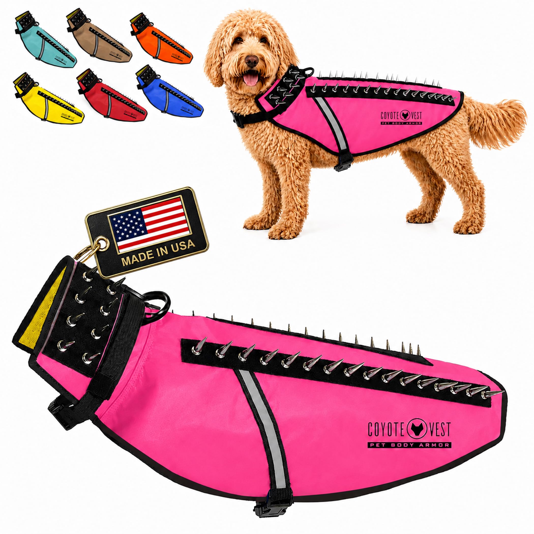 CoyoteVest Dog Harness | Stab-Resistant Protective Vest | Coyote Vest for Dogs | Defends Against Coyotes, Dogs, Birds of Prey | Reflective Safety, Made in USA (Large, Neon Pink)
