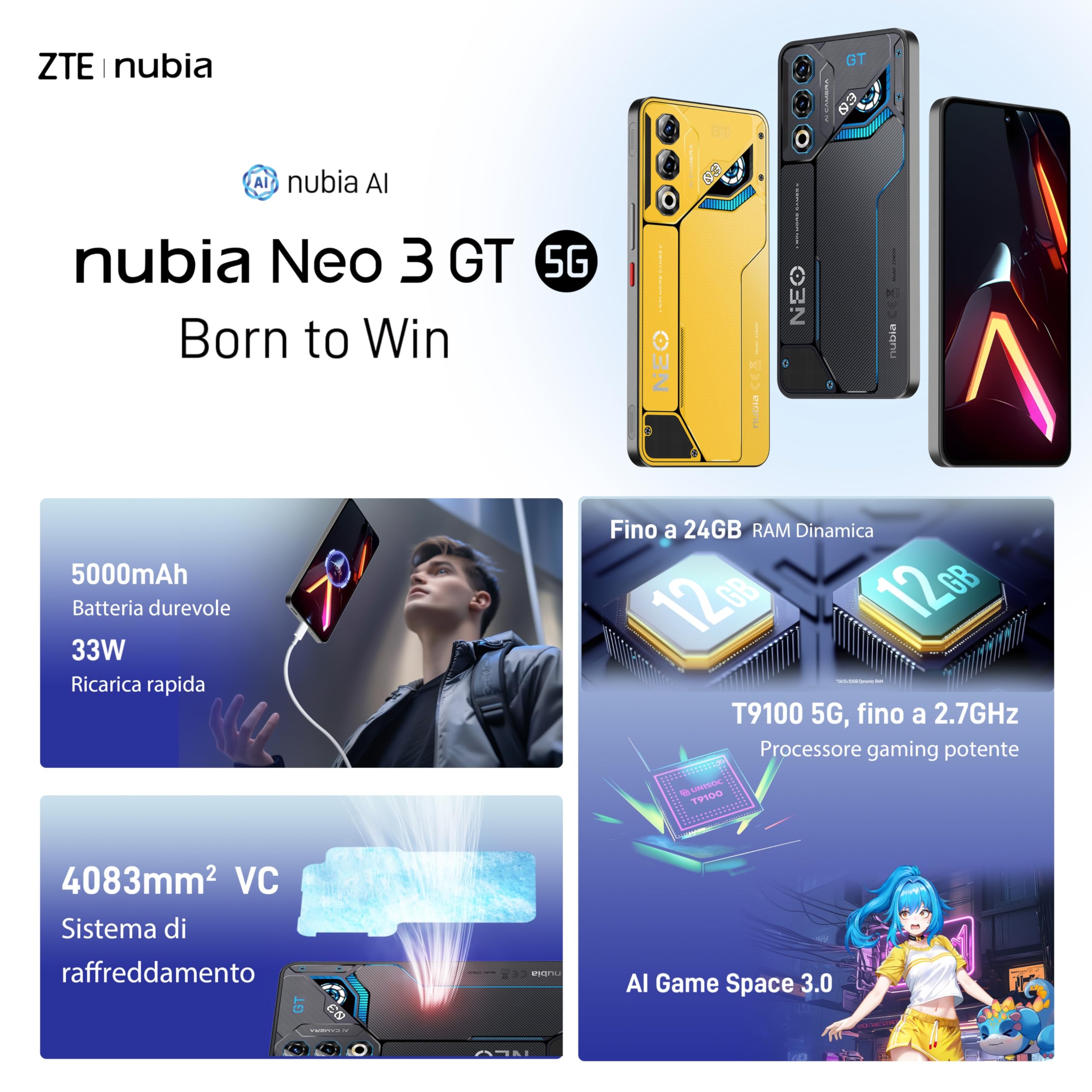 nubia Neo 3 GT 5G Smartphone Gaming Android 15, 12+12GB RAM Dinamica + 256BG ROM, Display 6.8” FHD+ 120Hz, Fotocamera 50MP, Smartphone Dual SIM, NFC, Batteria 5000mAh, Colore Electro Yellow