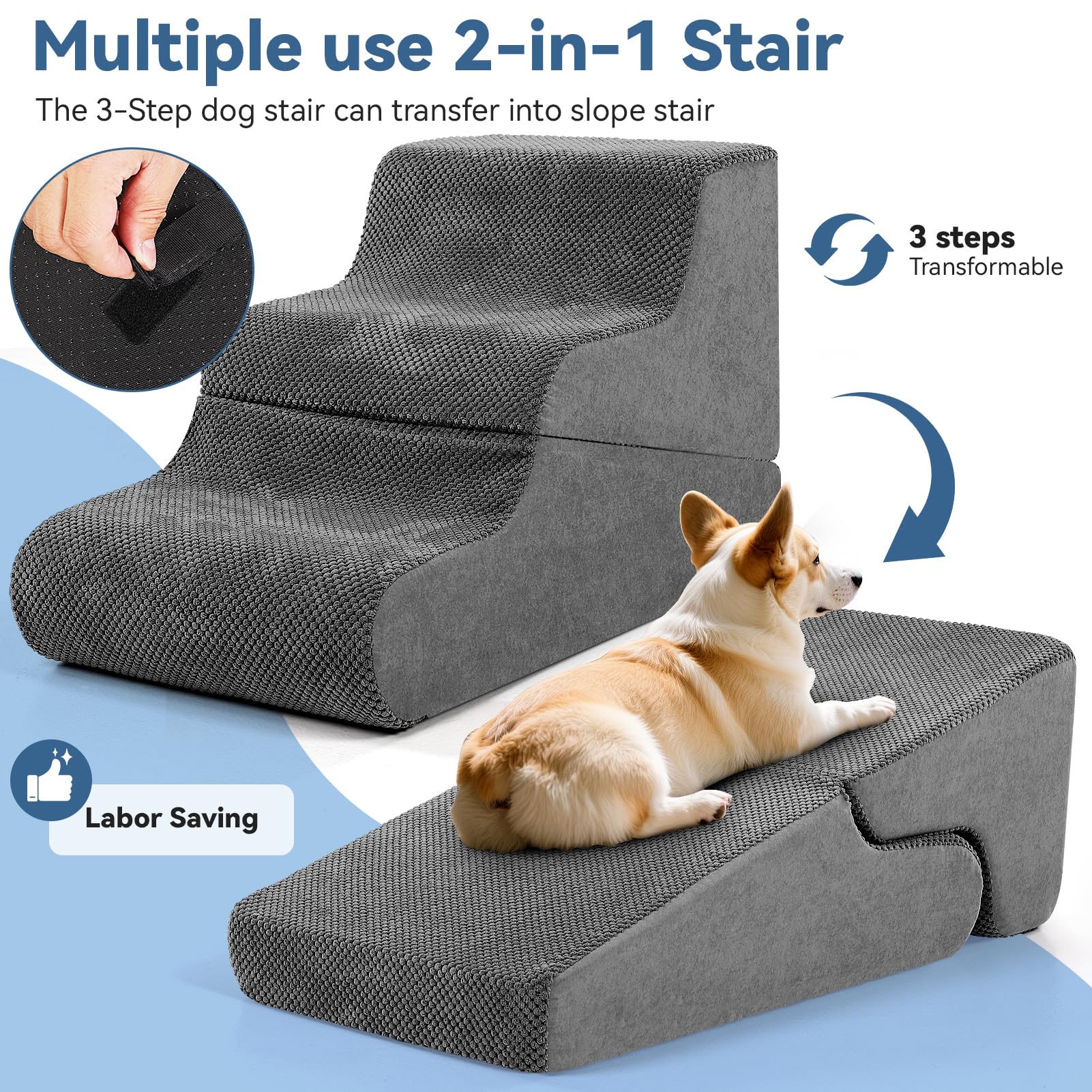 Scale per cani di piccola taglia, altezza 40 cm, 2 in 1, convertibile a 3 livelli e rampa, scala per cani per divano (30-51 cm) con rivestimento antiscivolo, lavabile e spugna ad alta densità