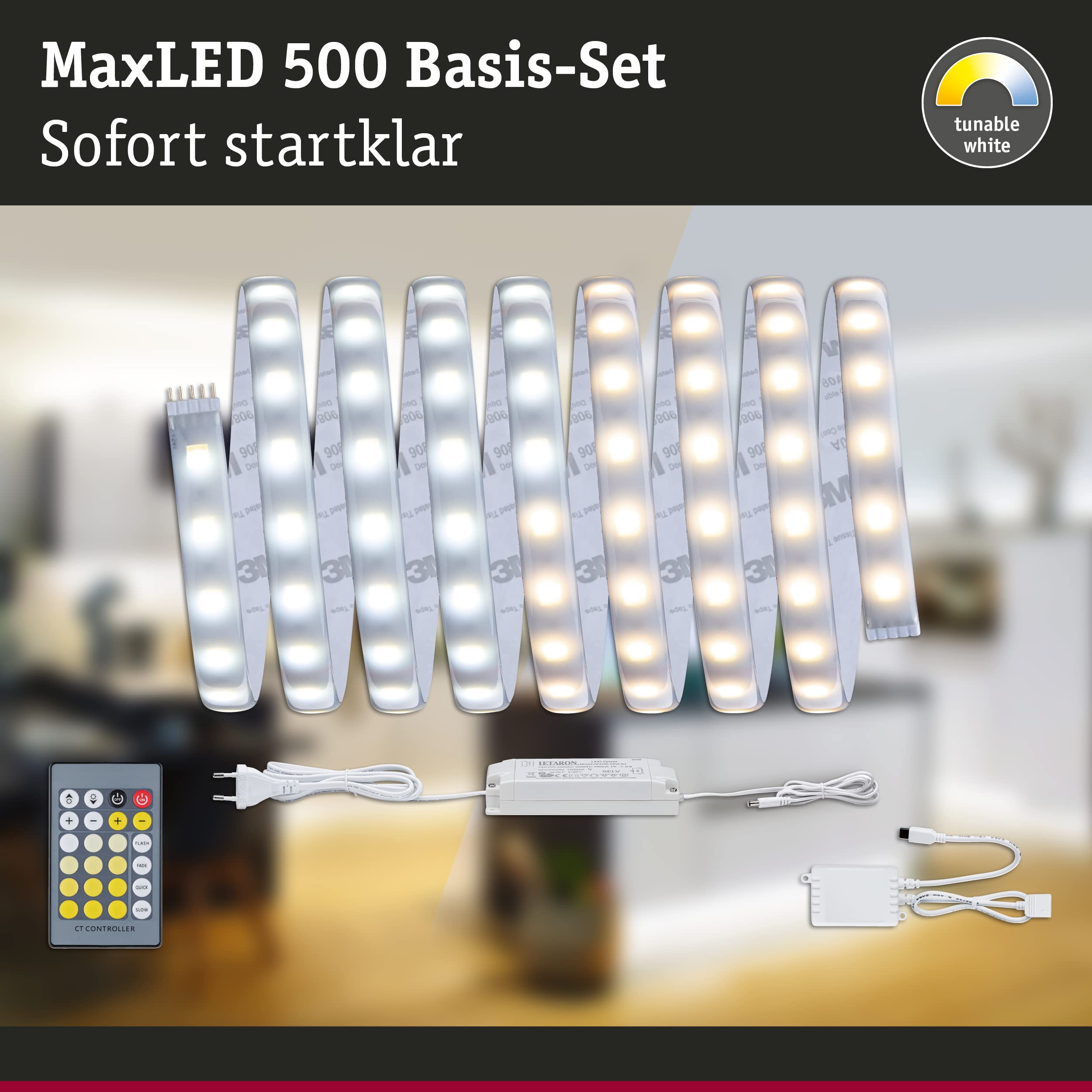 Paulmann 70624 Strip LED MaxLED 500 juego básico blanco ajustable 3m 20W 230/24V 36VA plateado 70624 tira de luces LED, cinta de luz, tubo luminoso