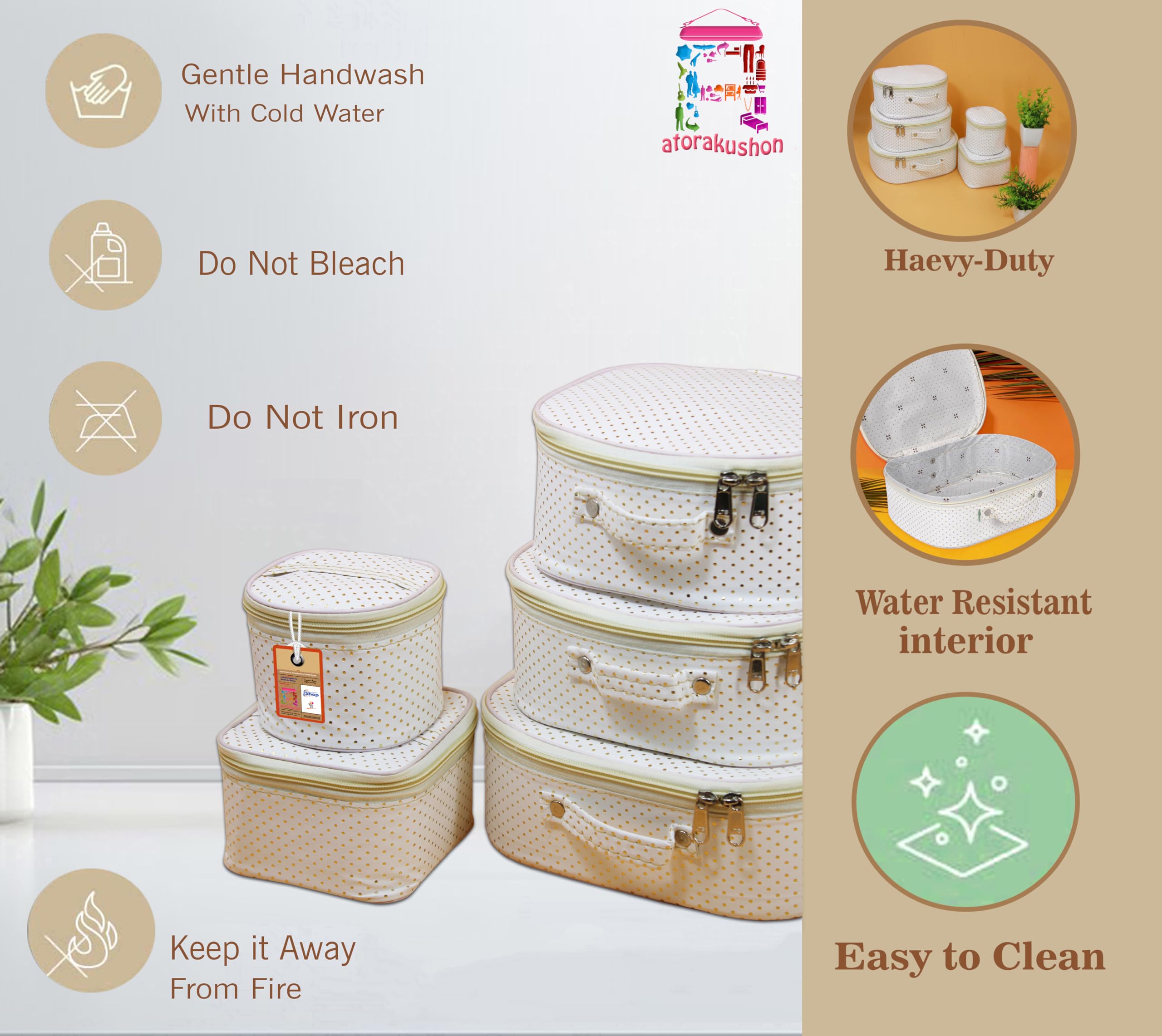 atorakushon Fabric Dotted Cream Makeup Storage Box Travelling Vanity Cosmetic Toiletry Bag Necklace Wardrobe Organizer Jewellery Pouch for Women's 3
