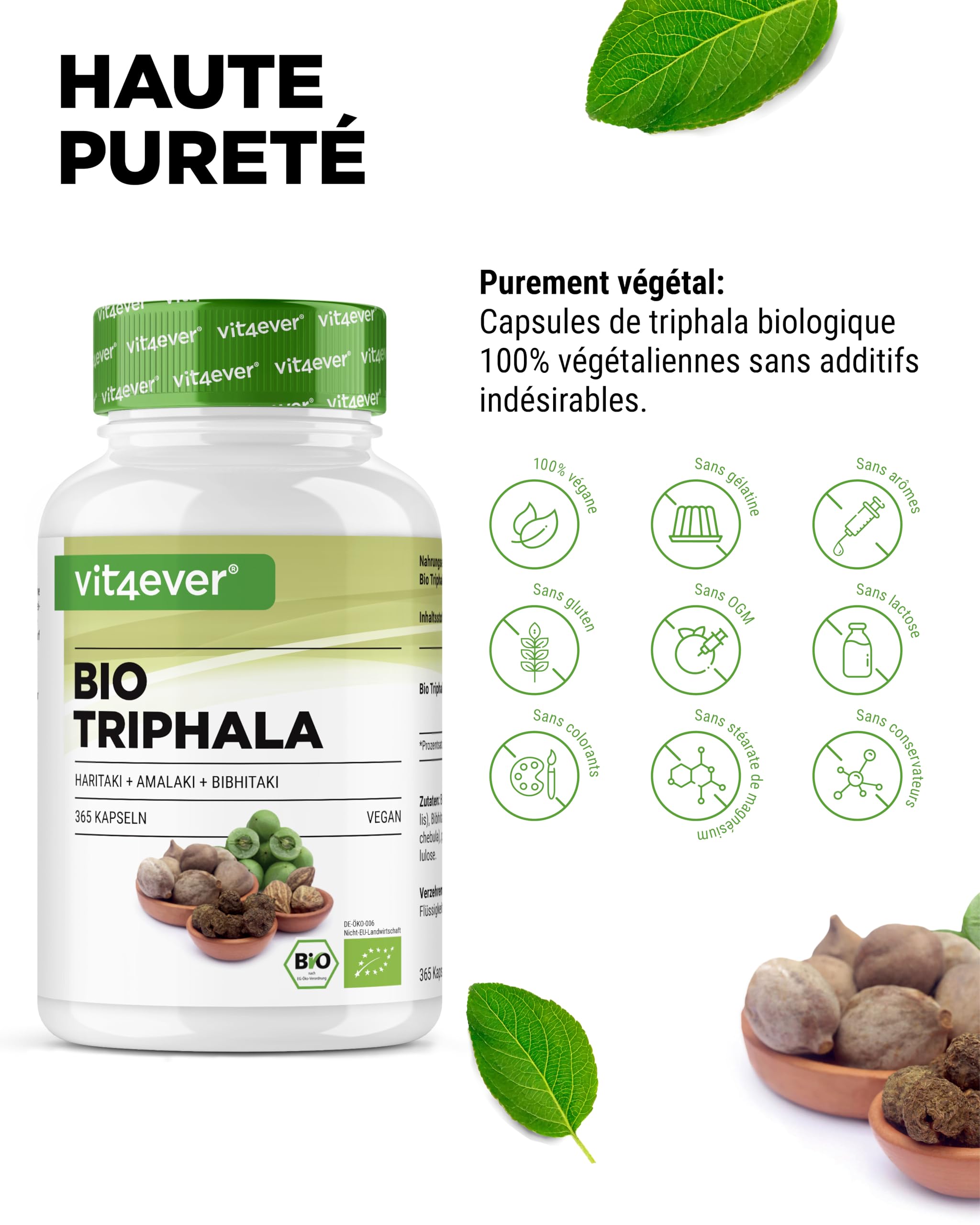 Triphala Bio - Haute Dose de 2000 mg (500 mg par capsule) - 365 capsules - Poudre de Triphala de l'Inde : Haritaki, Amalaki, Bibhitaki - Sans Additifs - Vegan
