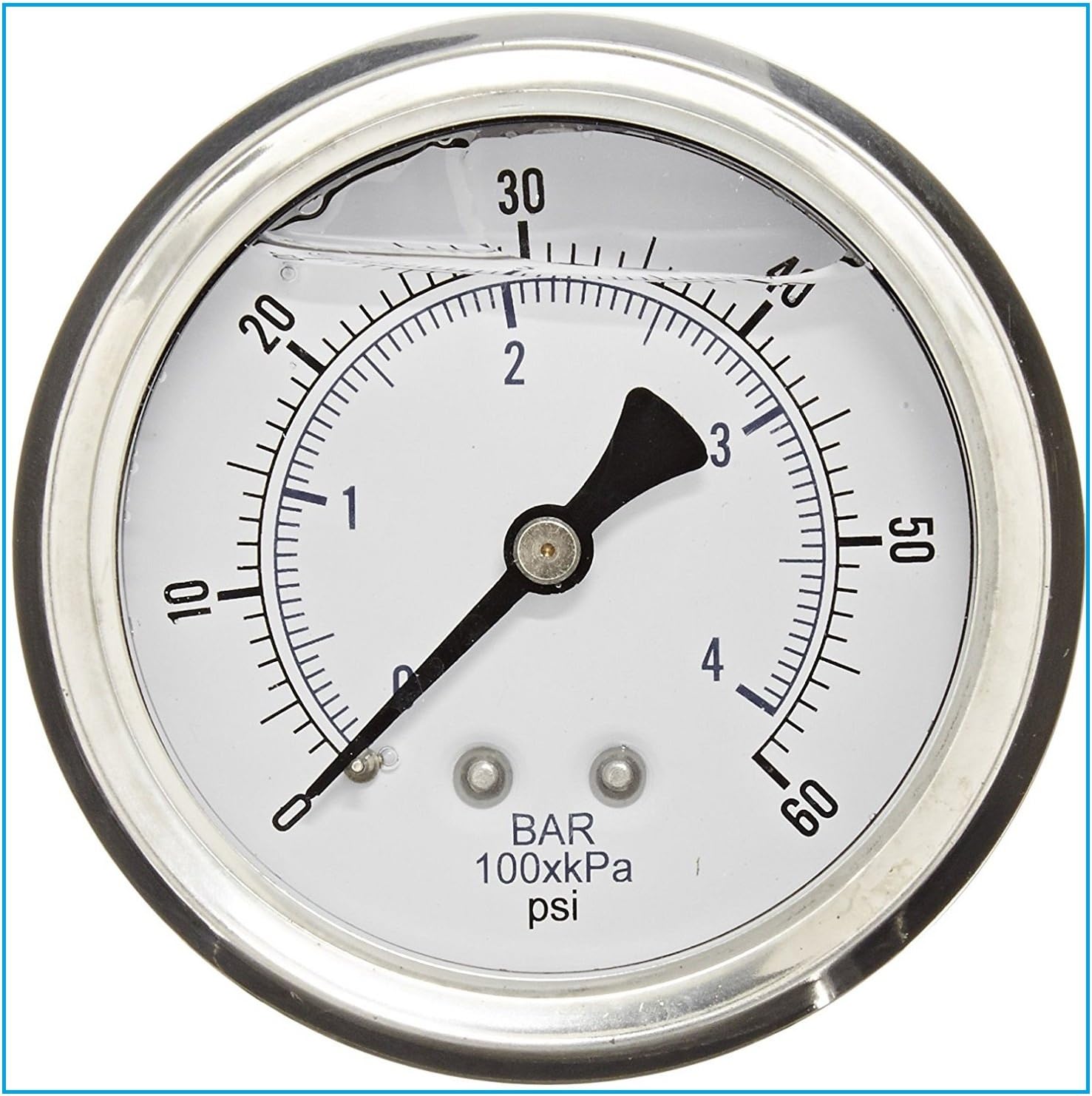 Liquid Filled Pressure Gauge, 2.5 DIAL Display, Stainless Steel CASE, Brass INTERNALS, 1/4 Male NPT Back Mount Connection, Dual Scale PSI & BAR (0-60 PSI)
