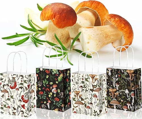 Miniatura 8 de 24 bolsas de regalo de papel con temática de hongos con asas, color blanco y negro, hongos y bayas, bolsas de golosinas para cumpleaños, suministros