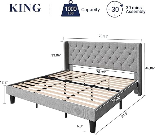 Miniatura 19 de Allewie - Base de cama de tamaño King con cabecera con alas y botones capitoné, tapizada, moderna, soporte de listones de madera maciza, no necesita