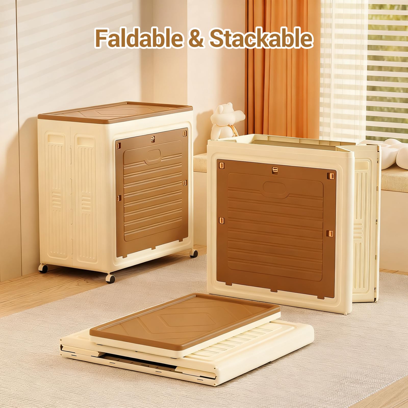 Aufbewahrungsbox mit Deckel Groß, 95L Plastik Ordnungsboxen Kleiderschrank, Stapelbare Kunststoffschrank, Faltbare Aufbewahrungsschrank mit Rollen für Heimspeicher, Büro, 48 x 36 x 56cm, Kaffee