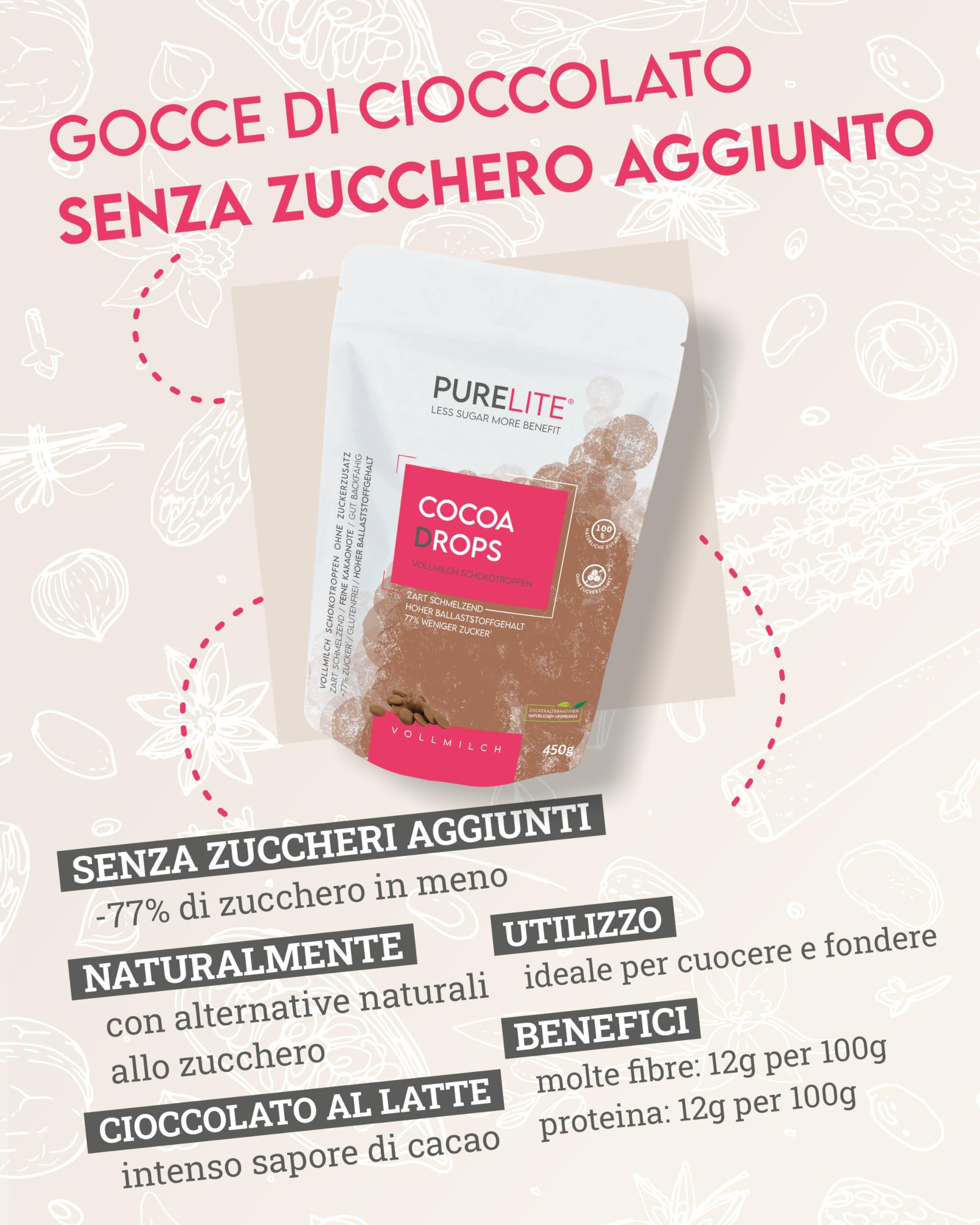 PURELITE Cocoa Drops cioccolato 450g, gocce di cioccolato al latte intero senza zuccheri aggiunti, eritritolo e stevia senza retrogusto, con il 77% di calorie in meno