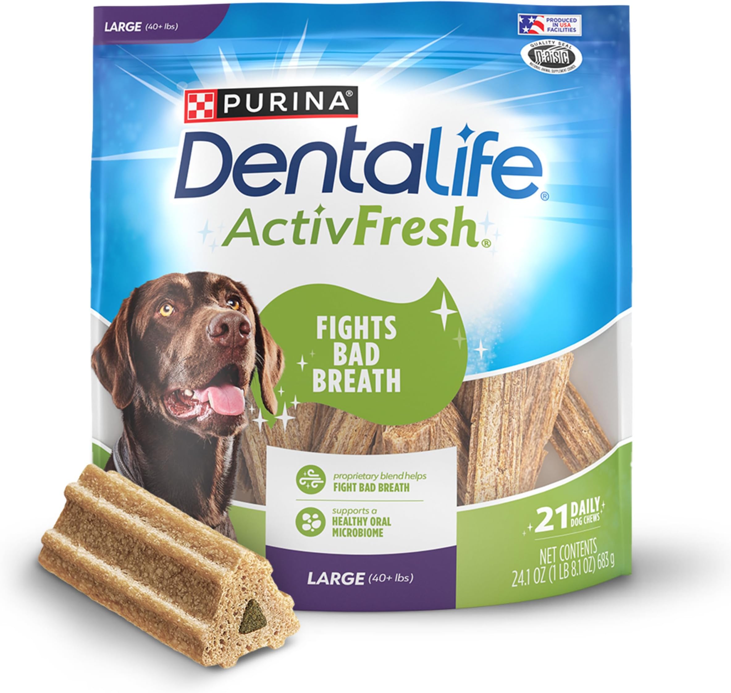 ActivFresh Dog Chews for Large Dogs 40 lbs. and up, Dental Chews to Freshen Breath, Chicken Flavor, 24.1 oz., 21 Chews - 21 ct. Pouch