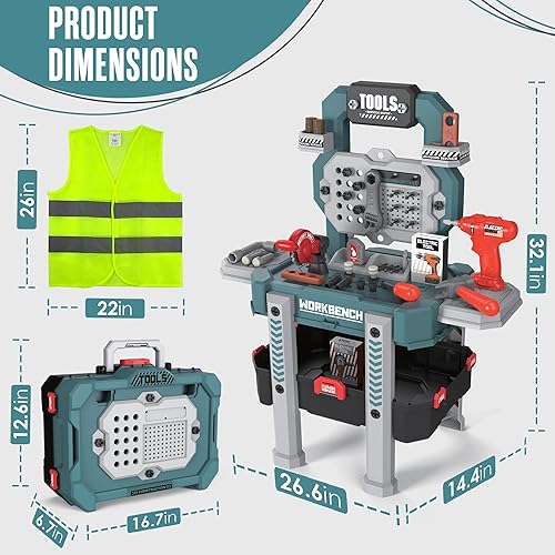 Miniatura 6 de Juego de herramientas para niños pequeños, banco de herramientas de simulación para niños, kit de bricolaje de 83p con un taladro eléctrico