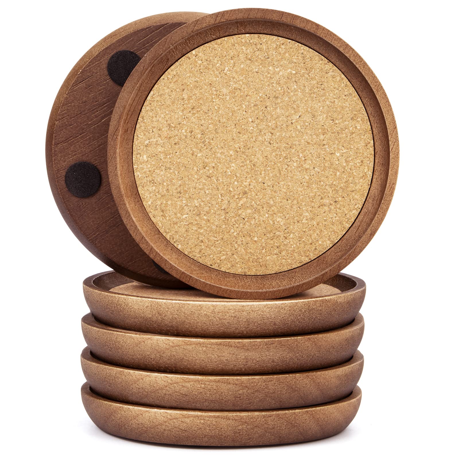Drink Coasters,Coasters for Drinks Absorbent Cork Coasters Set,Natural Wood Stackable Reusable Coasters for Home Office Coffee Bar Table,Rustic Housewarming Gifts for New Home Friends (6 Pack)