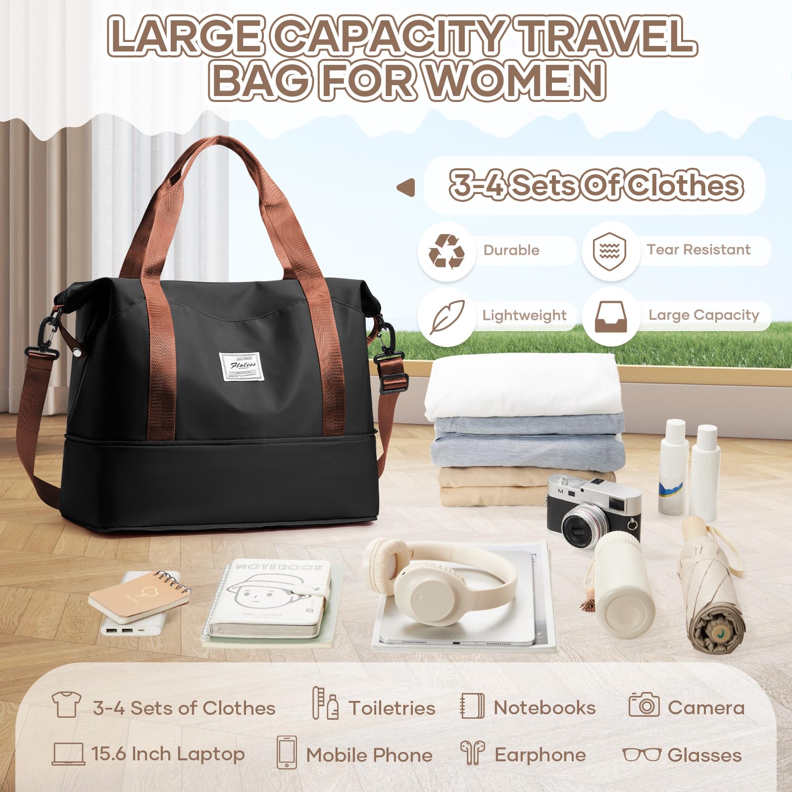 SEAFEW Bolsa de Viaje 40x20x25 para Ryanair,Bolsa de Mano Equipaje de Fin de Semana 40x30x20 para Mujer,Impermeable Bolsa de Deporte para Gimnasio,Bolso de Natación para Playa,A4-Negro-Marrón