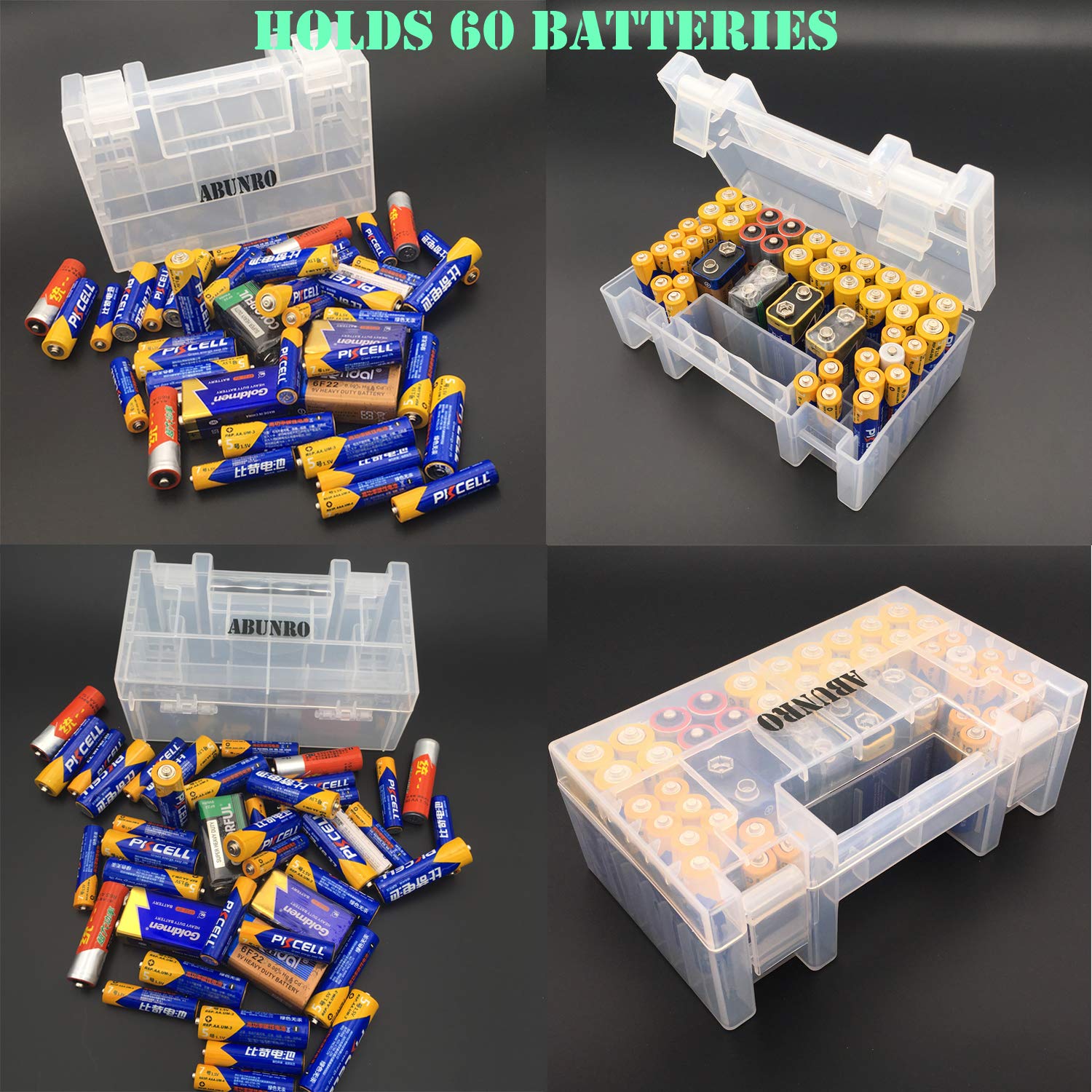 ABUNRO Battery Organizer Storage case for 60pcs Battery Holder, Upgrade Design for AAA AA 9V and Button Batteries Storage Box Holds 60 Batteries Various Sizes (Holds 60 Batteries)