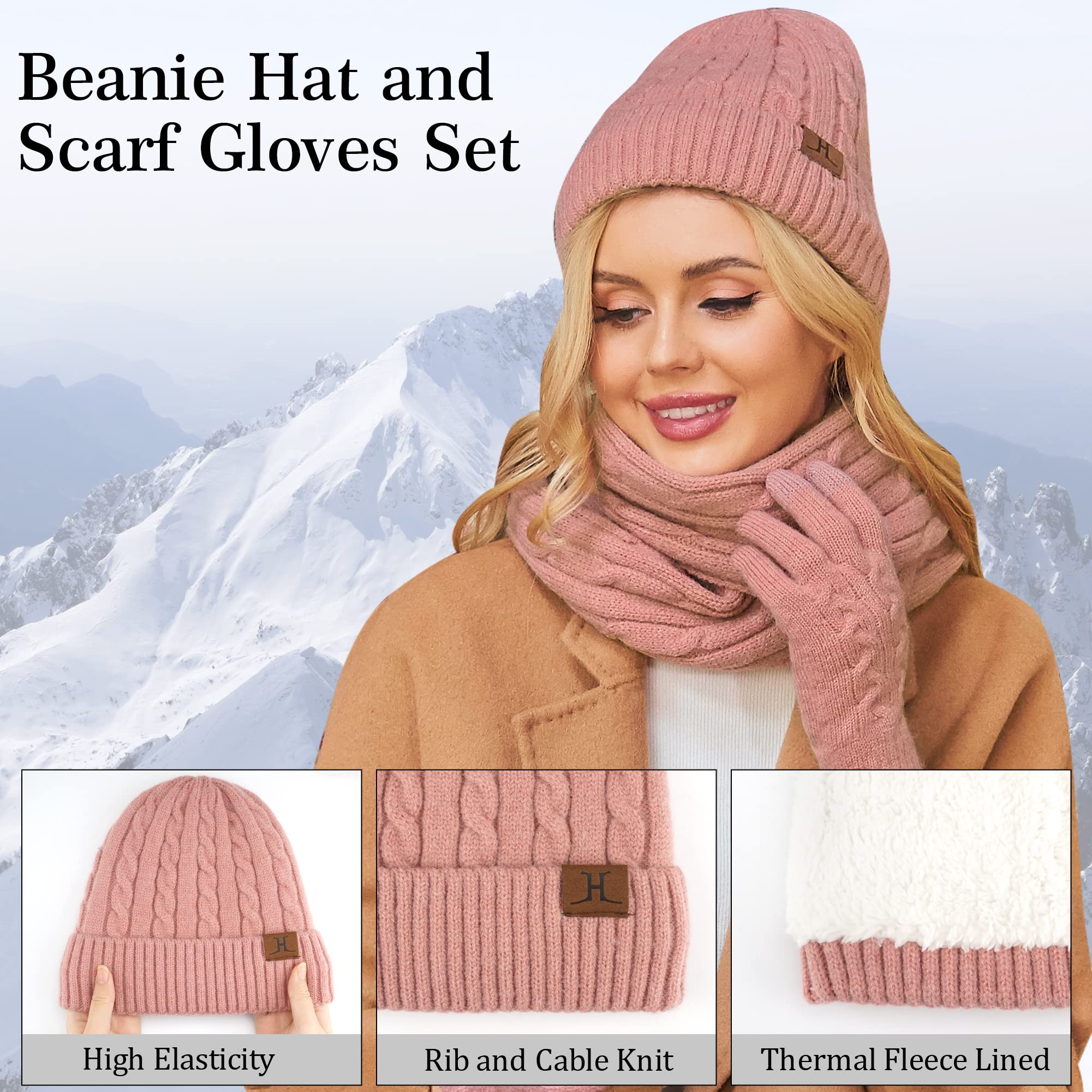 ZASFOU Zestaw zimowy - damska czapka, szalik, rękawiczki do ekranu dotykowego, termiczna, dzianinowa czapka beanie, szalik zimowy, rękawiczki zimowe, prezent dla kobiet, Rosa, jeden rozmiar
