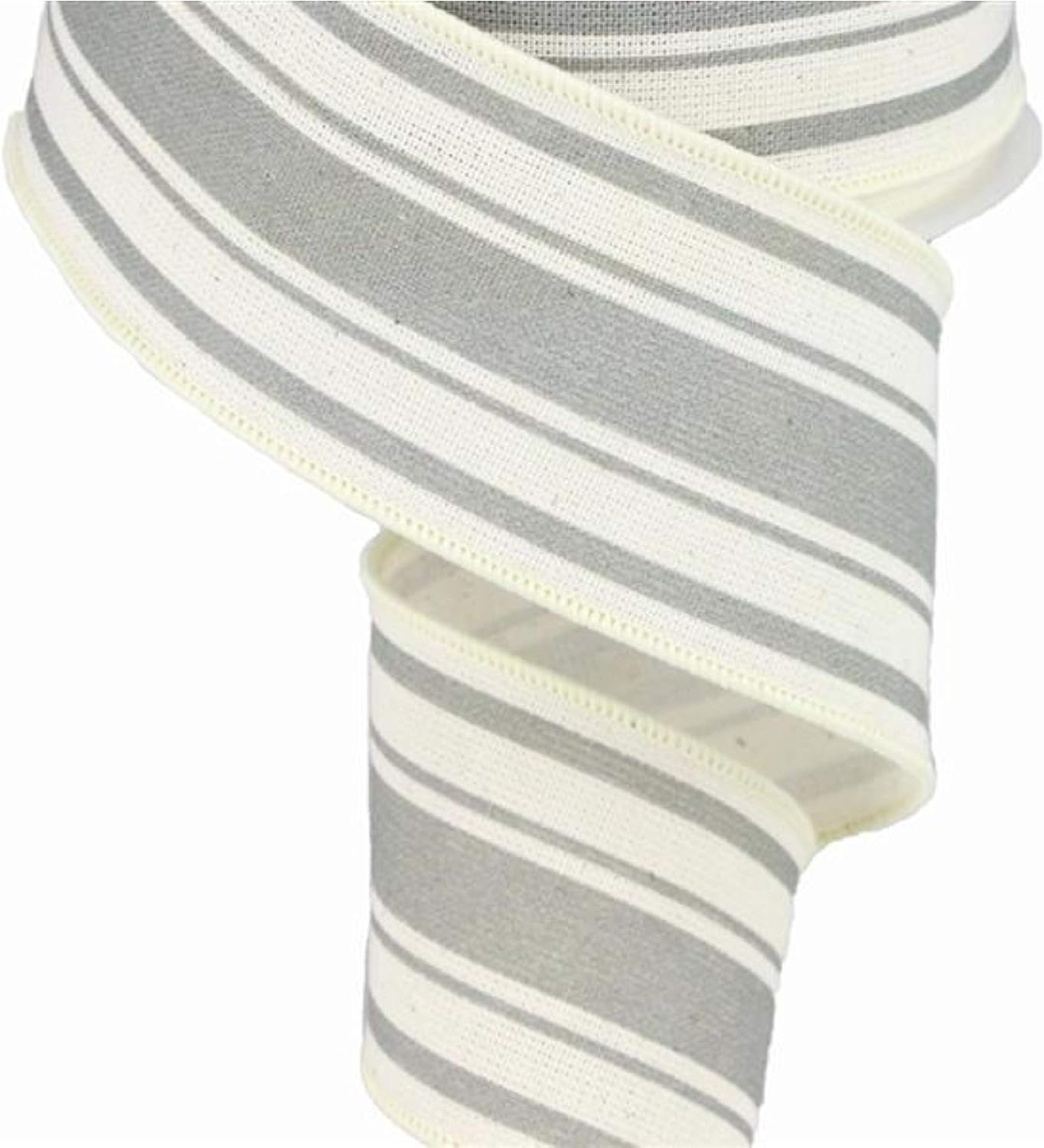 Farmhouse Stripe on Cotton Wired Edge Ribbon - 2.5 Inches x 10 Yards (Ivory, Cool Grey)