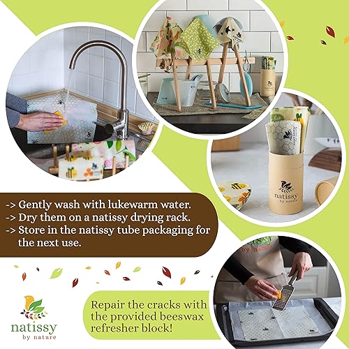 Miniatura 5 de VEGAN - Juego de 6 envolturas de cera de abeja reutilizables para alimentos, juego de 6 envolturas de cera orgánica reutilizables para alimentos,