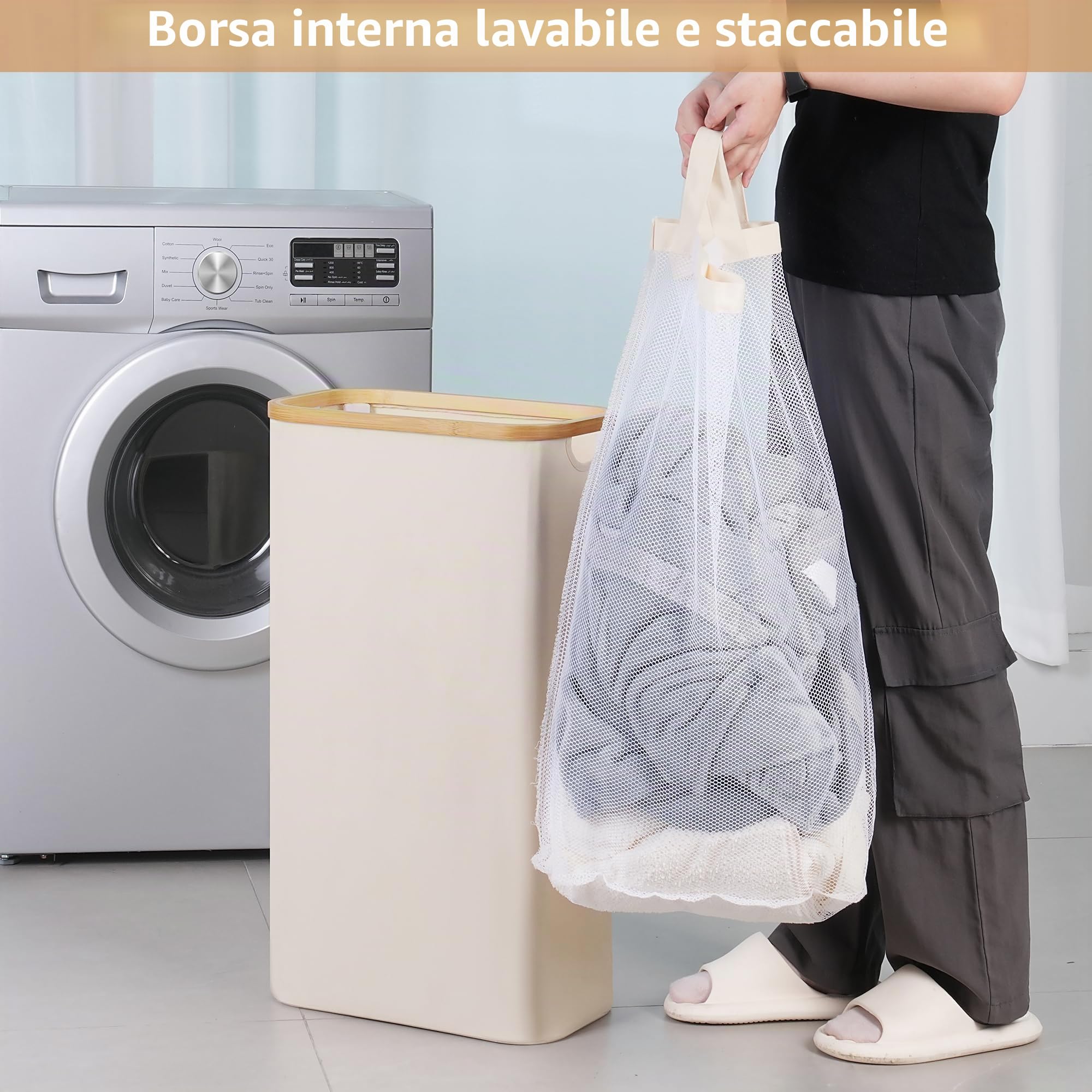 iEGrow Cesto portabiancheria alto da 60 l, con sacchetto interno rimovibile e lavabile, cesto sottile con coperchio e manico in bambù, per lavanderia, camera da letto, bagno (beige)