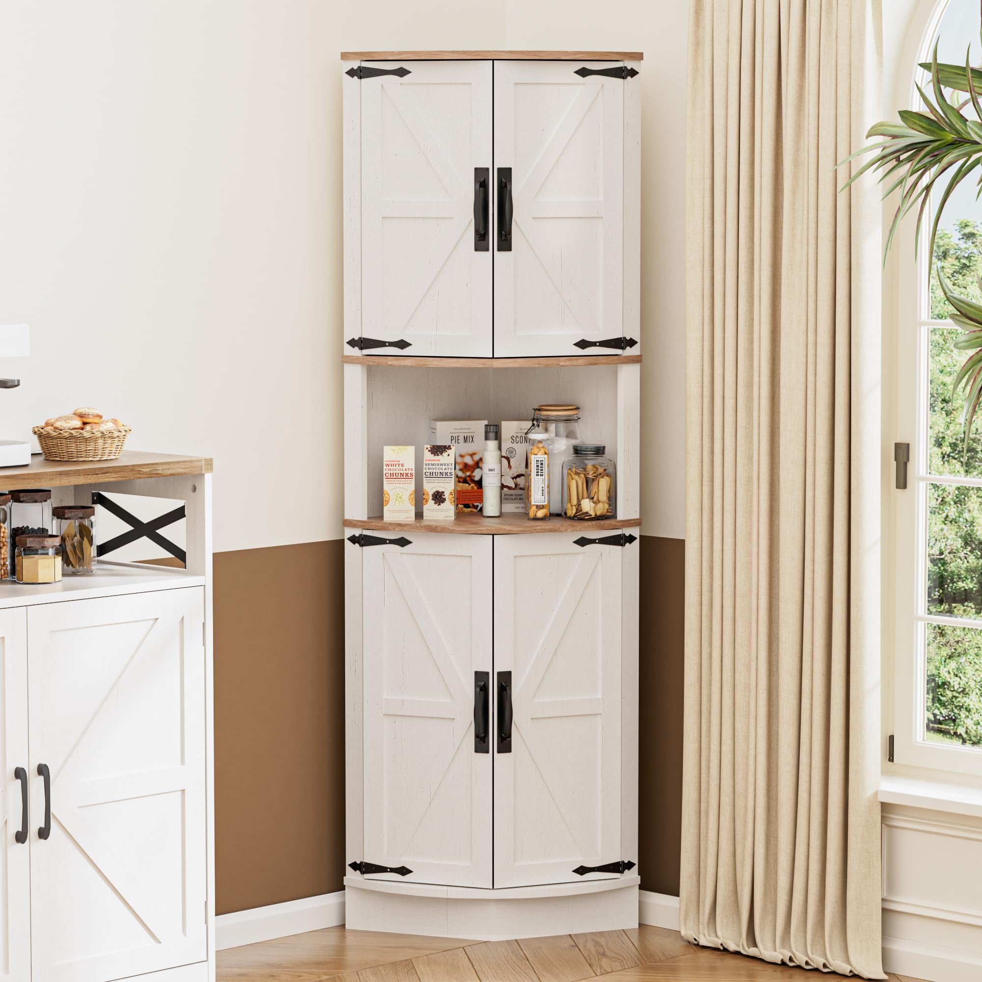 BonVache 165cm Tall Corner Storage Cabinet with Barn Doors, 5-Tier Tall Cupboards Cabinet for Living Room, 4 Wooden Doors and 5 Shelves, Space Saving Freestanding Sideboard for Home, Kitchen,White