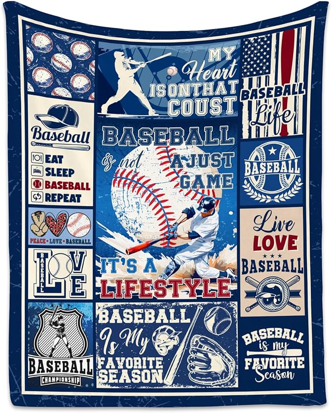 Baseball Blanket for Boys - 40x50 Inches Sports Throw Blanket for Boys Kids - Blue Soft Fuzzy Blankets for Couch, Sofa & Office
