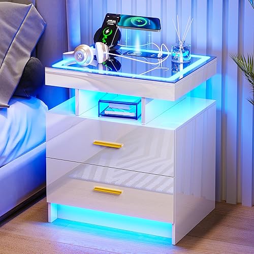 Miniatura 10 de HNEBC Juego de 2 mesitas de noche LED RGB, moderna mesita de noche con estación de carga inalámbrica y puertos USB, soporte de noche inteligente de