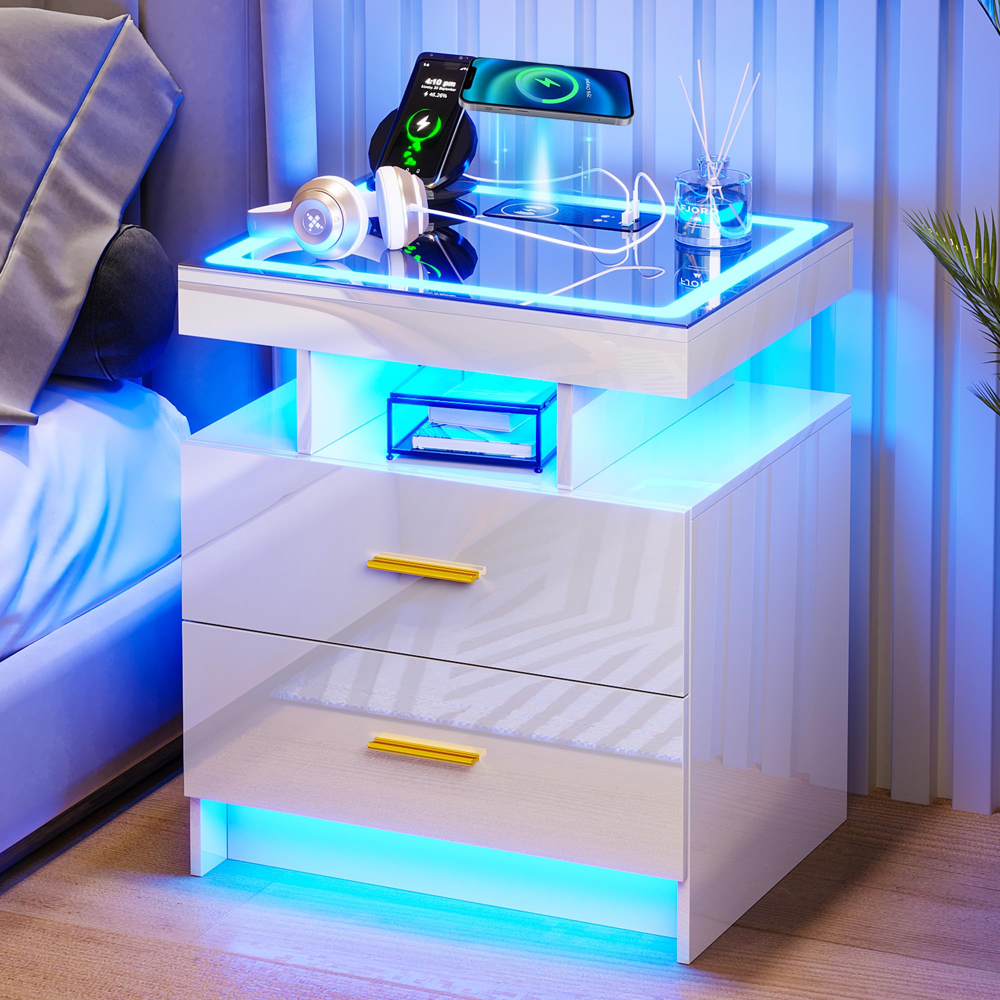 HNEBC LED Nightstand with Charging Station (USB,Type-C Ports) High Gloss Bedside Table with 2 Drawers, Smart Night Stand with Auto Sensor Lights,Modern Bed Side Table for Bedroom (White)
