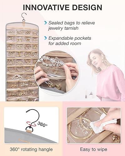 Miniatura 24 de BAGSMART Organizador colgante de joyas, soporte para collares, aretes y anillos, con 20 bolsas de joyería, rollo de almacenamiento de viaje con Negro