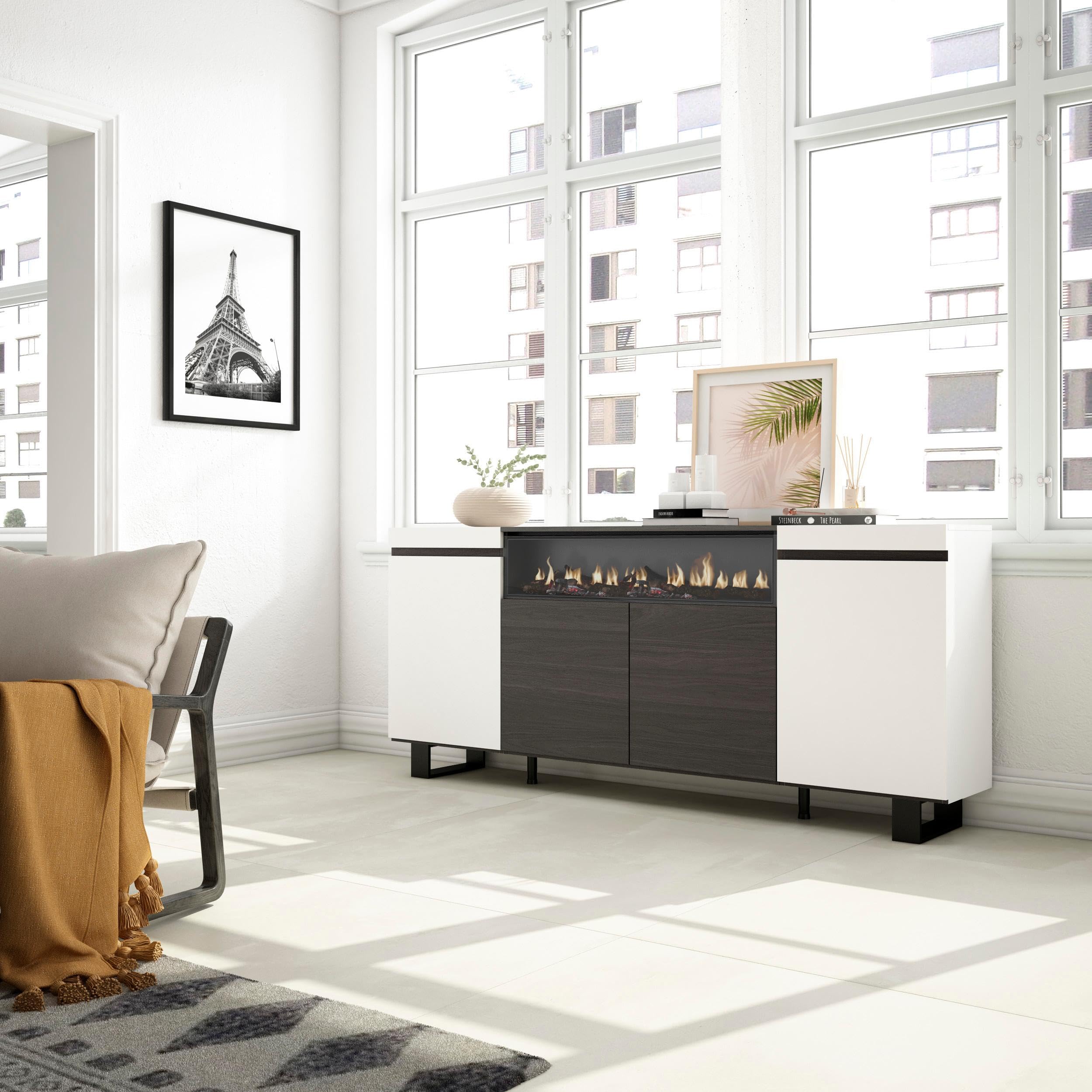 Skraut Home | Buffet Salon et Cuisine | Meuble de Rangement, Commode | 200x87x35cm | 4 Portes | Cheminée électrique | Design Industriel | Style Moderne | Blanc et Noir