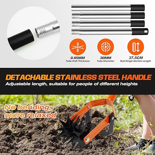 Miniatura 5 de Herramienta cultivadora giratoria de 72 pulgadas, cultivador manual para jardinería, cultivador de jardín 2 en 1 con mango ajustable para aflojar el
