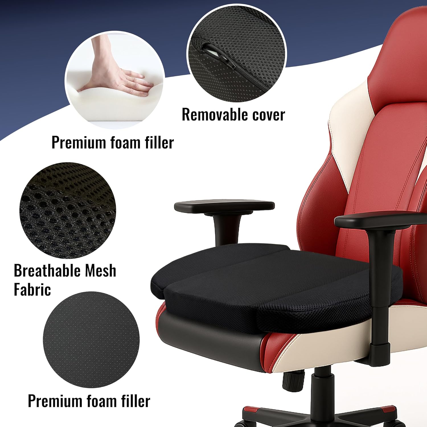 Gaming Chair Seat Cushion with Breathable Mesh Cover, High-Density Foam Core, Ergonomic Winged Support, Non-Slip Bottom, Removable Washable Zippered Cover for Gaming, Office & Computer Chairs