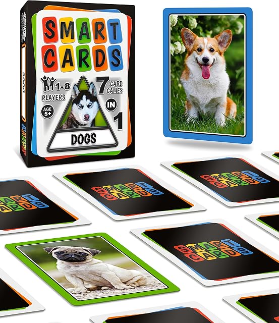 100 PICS SMART CARDS DOGS Card Game - Matching Pairs, Snap, Trumps, Rummy, Happy Families (7 Games To Play) Travel Game, Gift, Stocking Filler | for Adults, Kids, Boys, Girls | Age 5