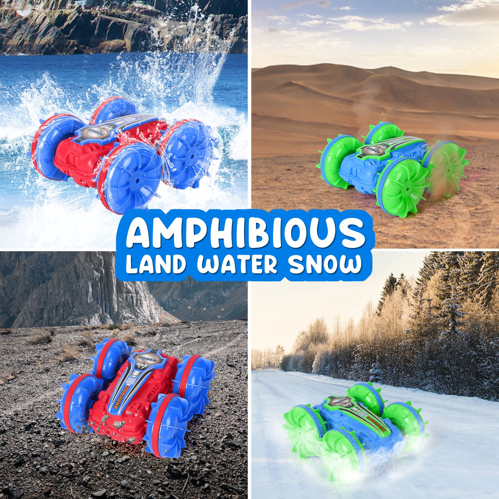 Acekid 2 Pack Amphibious Remote Control Cars for Boys 5-12, 4WD 2.4GHz Waterproof RC Stunt Car for Kids, Rotating 360° Off Road All Terrain RC Vehicle Water Beach Pool Toy