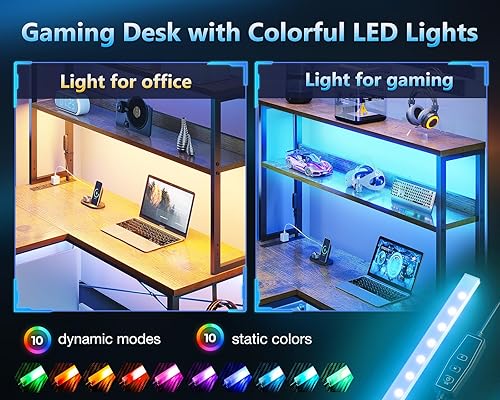 Miniatura 4 de Casaottima Escritorio para juegos con tomas de corriente y luces LED, escritorio reversible en forma de L de 53 pulgadas con estantes y bolsa de