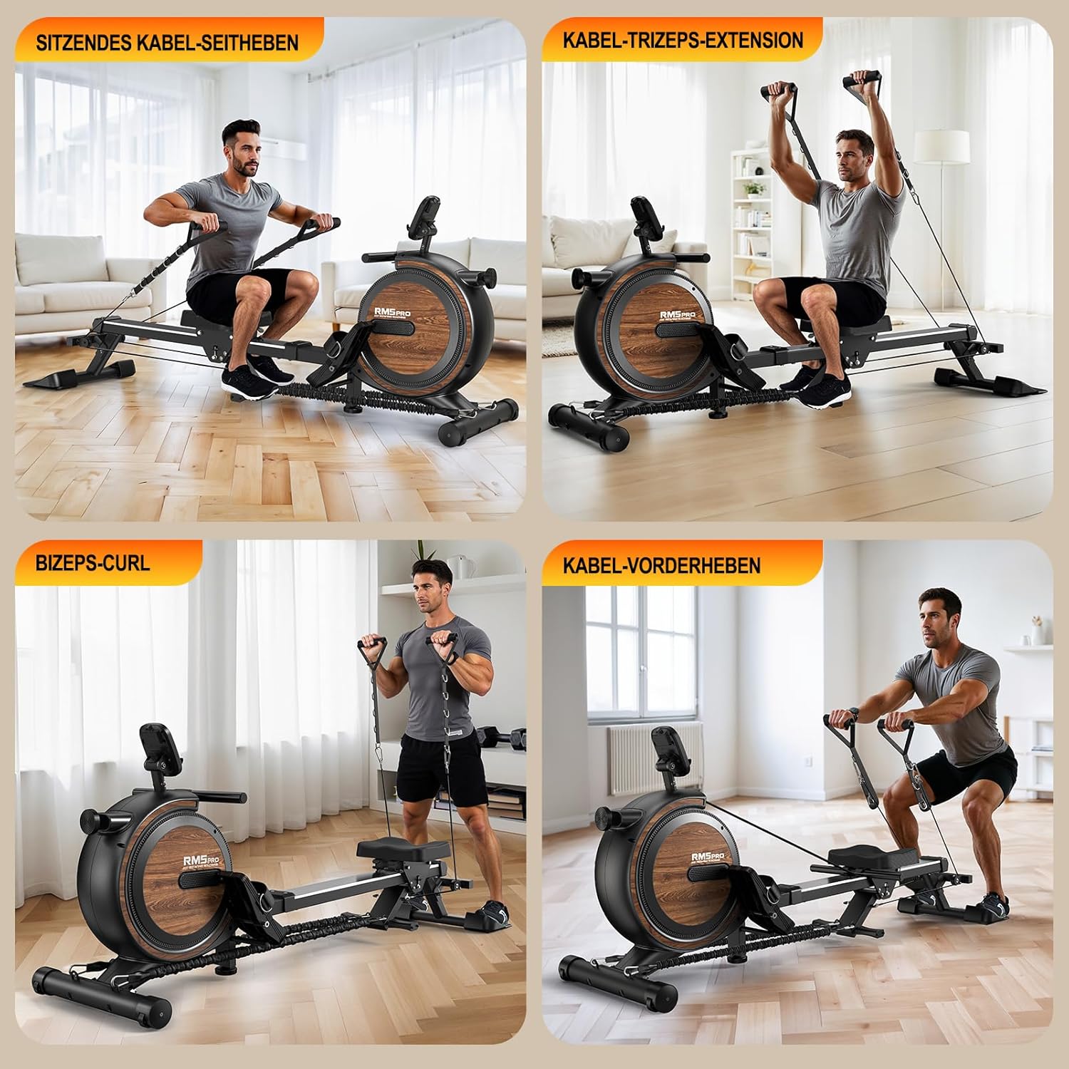 A man rowing on the MettleMatic RM5PRO while looking at a large screen displaying the Kinomap app interface, demonstrating Bluetooth connectivity.