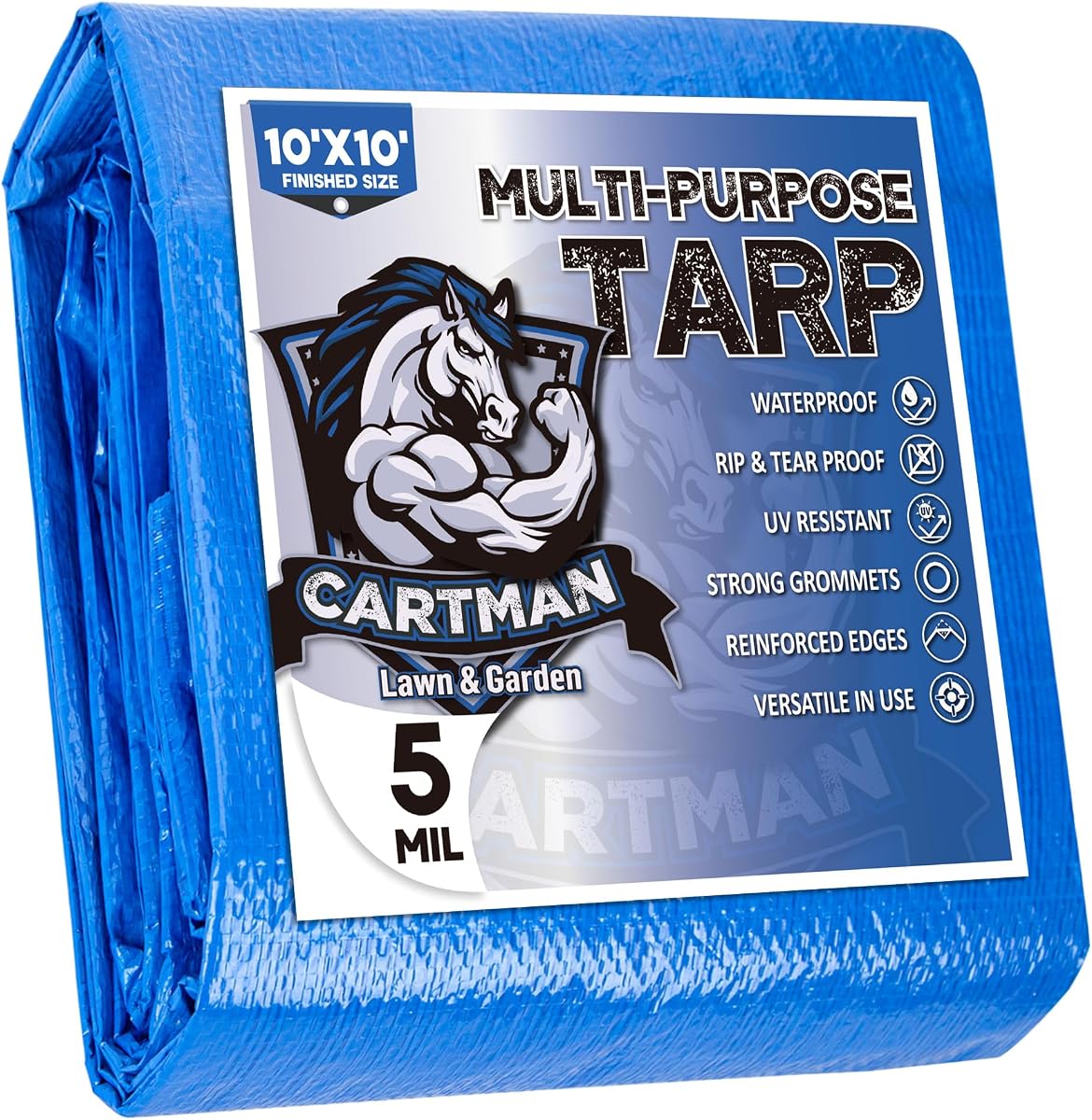 CARTMAN 10x10Ft Multipurpose Waterproof Poly Tarp Cover 5 Mil, Blue | Reinforced edges, metal grommets every 36in, 8x8 weave; great for moving, temporary shelter and short-term outdoor coverage