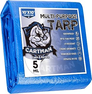 CARTMAN 10x10 Ft Blue Poly Tarp 5 Mil Thick - Waterproof Dustproof Cover for Camping, Boats, RVs, Cars with Reinforced Grommets