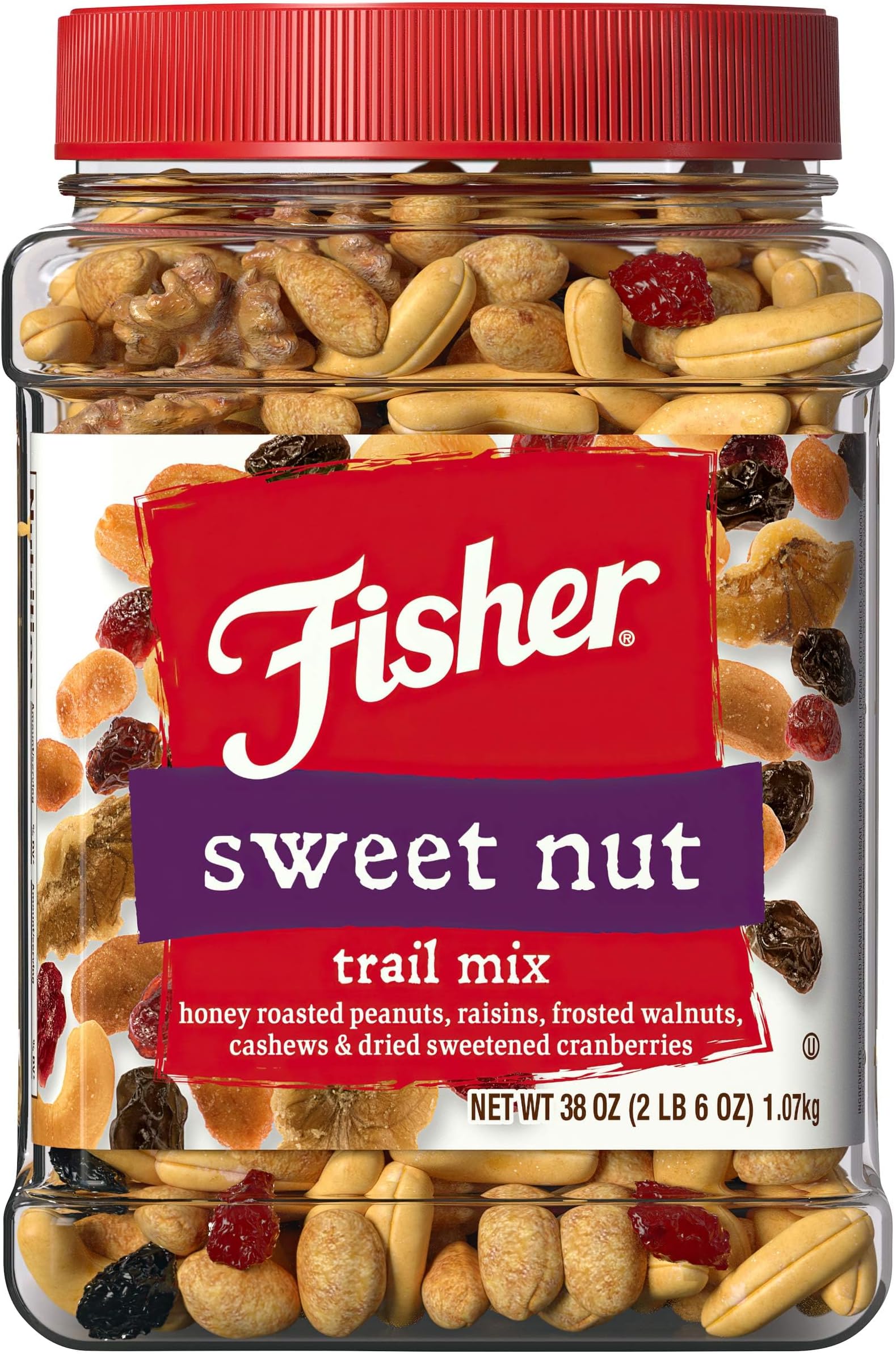 Fisher Nuts Snack Sweet Trail Mix, 38oz (Pack of 1), Honey Roasted Peanuts, Raisins, Frosted Walnuts, Cashews, Dried Sweetened Cranberries