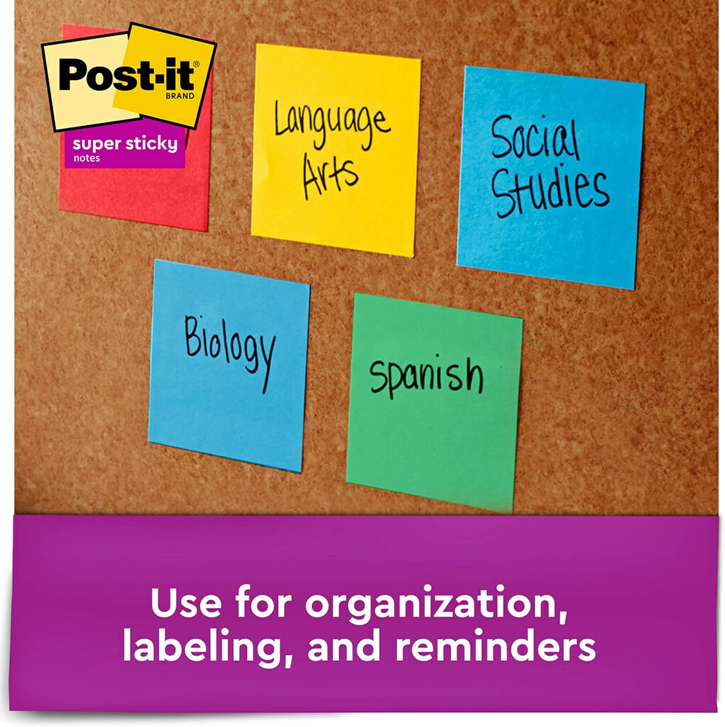 Post-it Super Sticky Notes, 3x3 in, 15 Pads, 2x the Sticking Power, Energy Boost, Bright Colors (Orange, Pink, Blue, Green), Recyclable (654-24SSAU-CP)