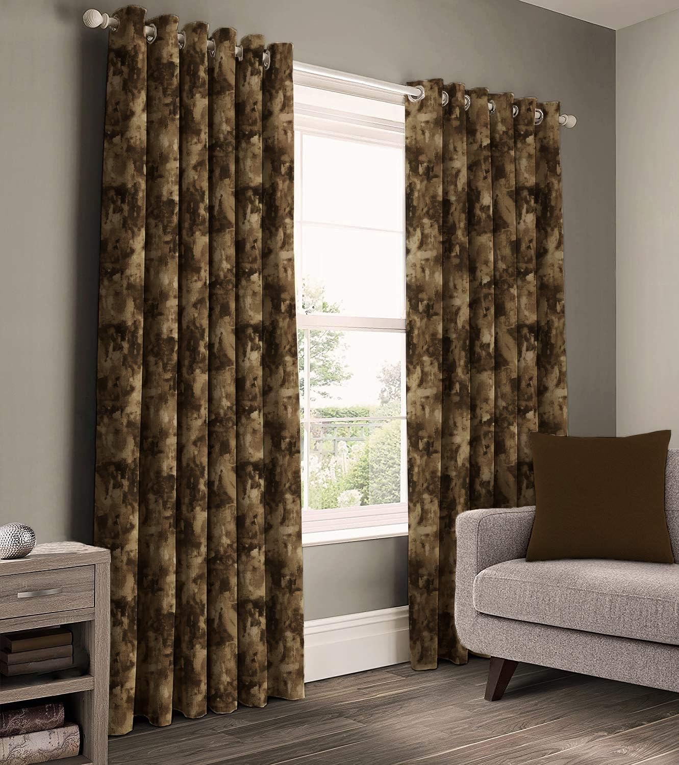 Casableu Eden Polyester Eyelets (Steel) Blackout Curtains with Tie Back, Bedroom Living Room (Pack of 2) (Brown, 7 feet)