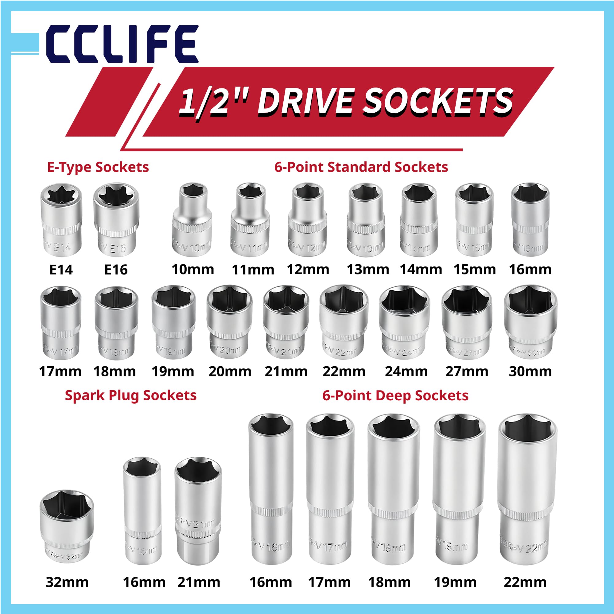 CCLIFE Zestaw kluczy nasadowych 171-częściowy – 1/4" 3/8" 1/2" skrzynka z grzechotką 72-zębową, zestaw kluczy nasadowych ze stali CrV – do samochodu, motocykla, warsztatu i majsterkowiczów