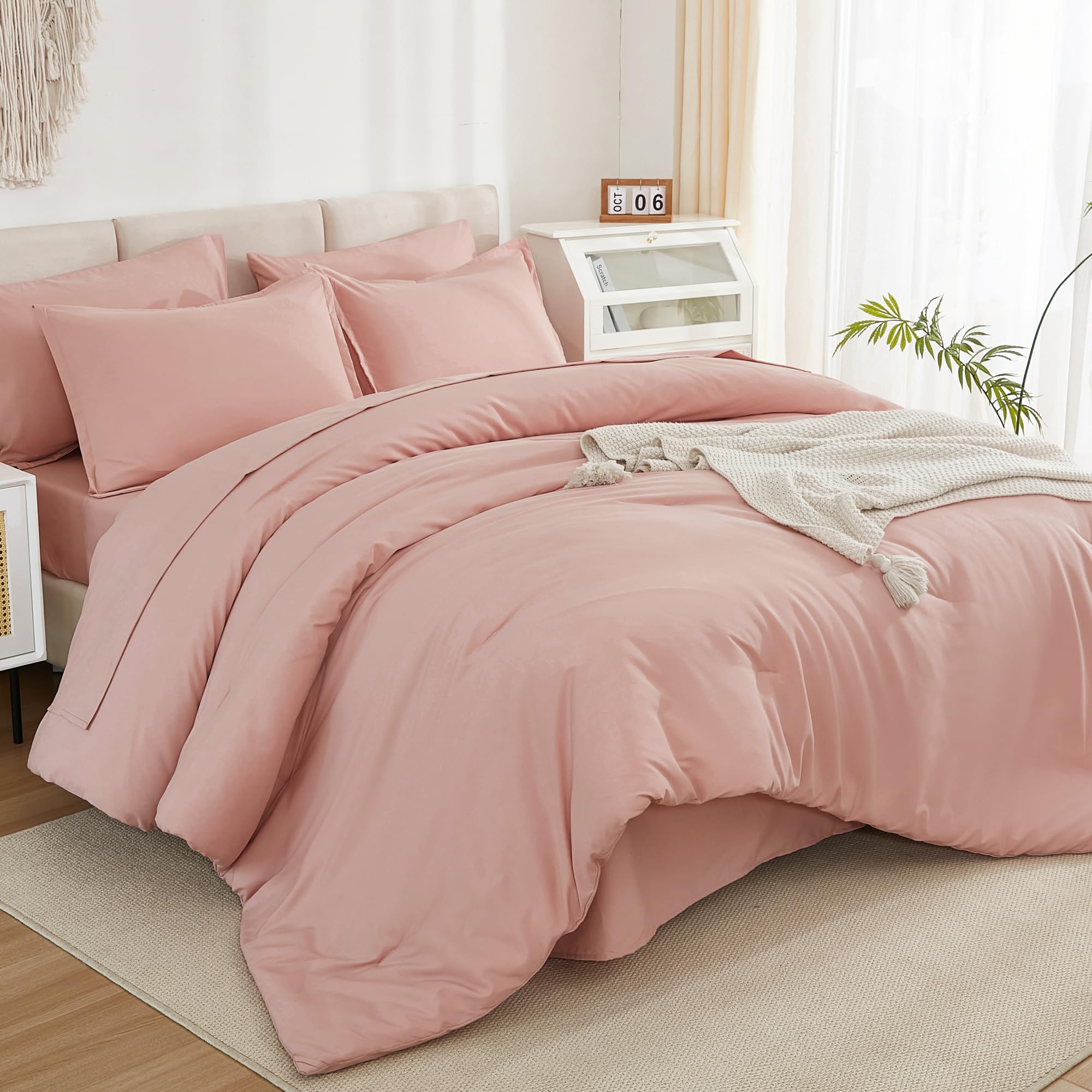 Litanika Comforter Queen Size Set Blush Pink - 7 Pieces Bed in a Bag Queen Beddding Comforter Sets, Plain Lightweight Bed Set with Comforter, Sheets, Pillowcases & Shams