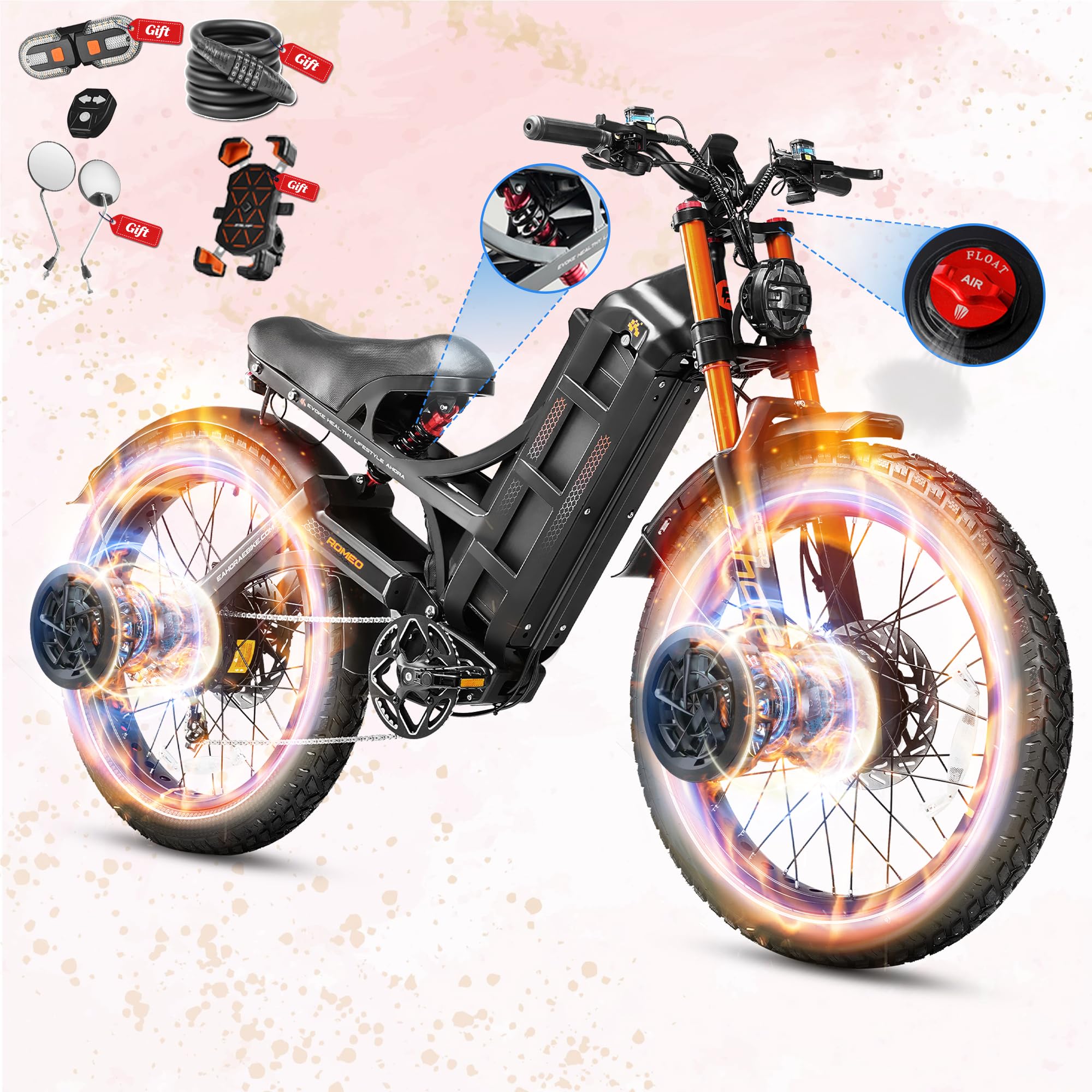 eAhora 2026 Romeo Pro 3/2 52-46Mph Electric Bike for Adults 6000W/4000W/2500W Dual Motor Ebike 60V/80Ah 52V/70Ah Long Range Fat Tire Full Suspension Electric Mountain Bicycle