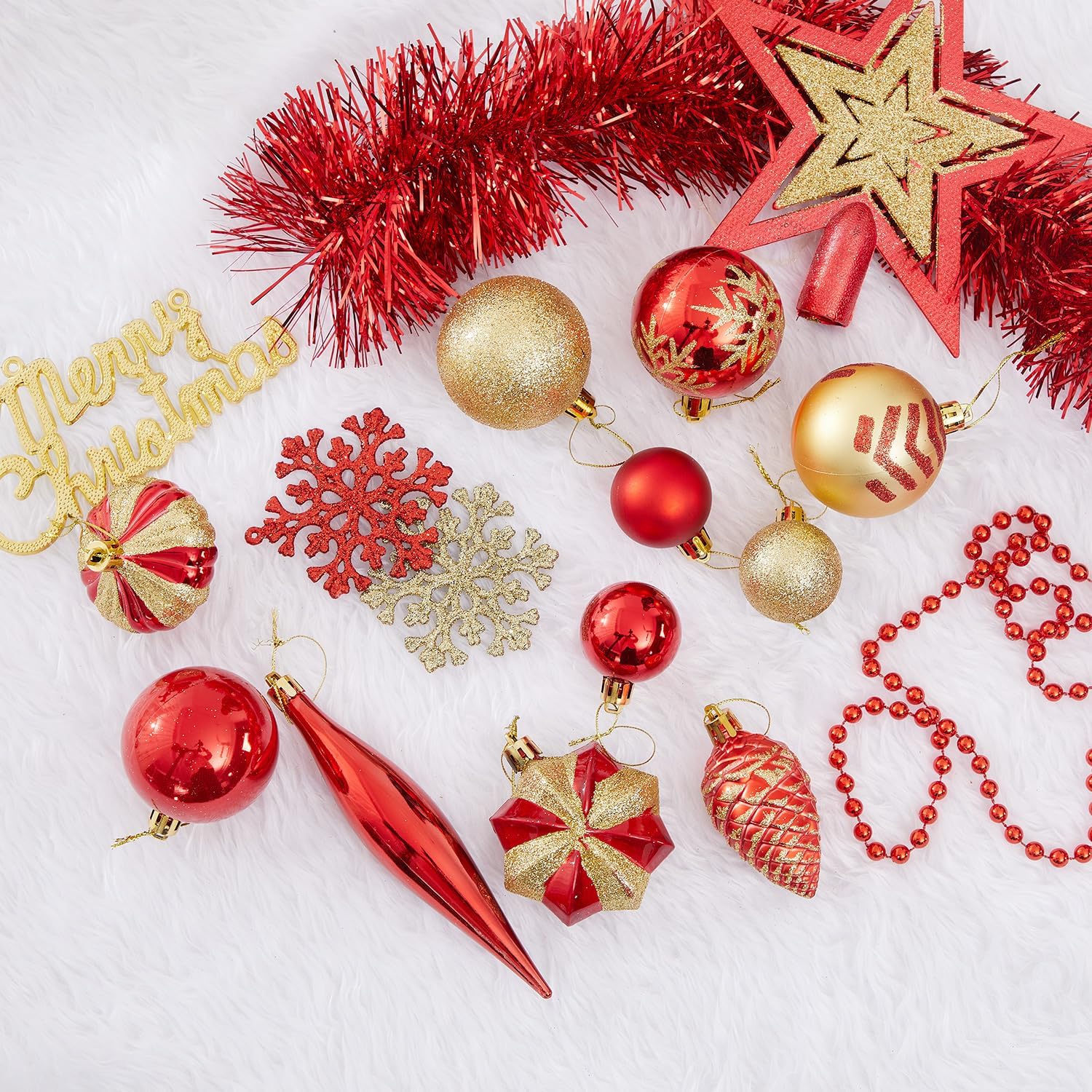 119 Pcs Christmas Ball Ornaments Set, Assorted Shatterproof Tree Ornaments with Reusable Hand-held Gift Package, Christmas Tree Decorations for Xmas Holiday Party - Red Gold