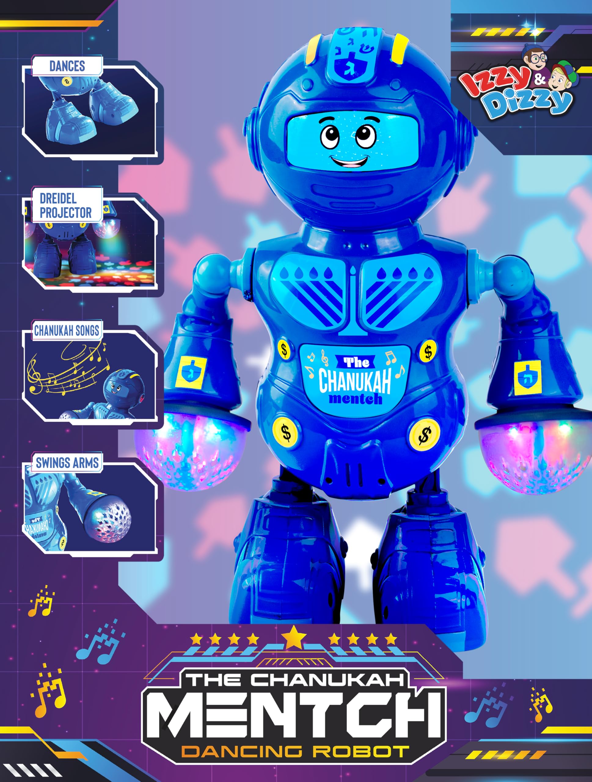 Izzy 'n' Dizzy Chanukah Robot - Great Hanukkah Gift for Kids - Chanukah Mentch Dancing & Singing Robot Toy with Projector