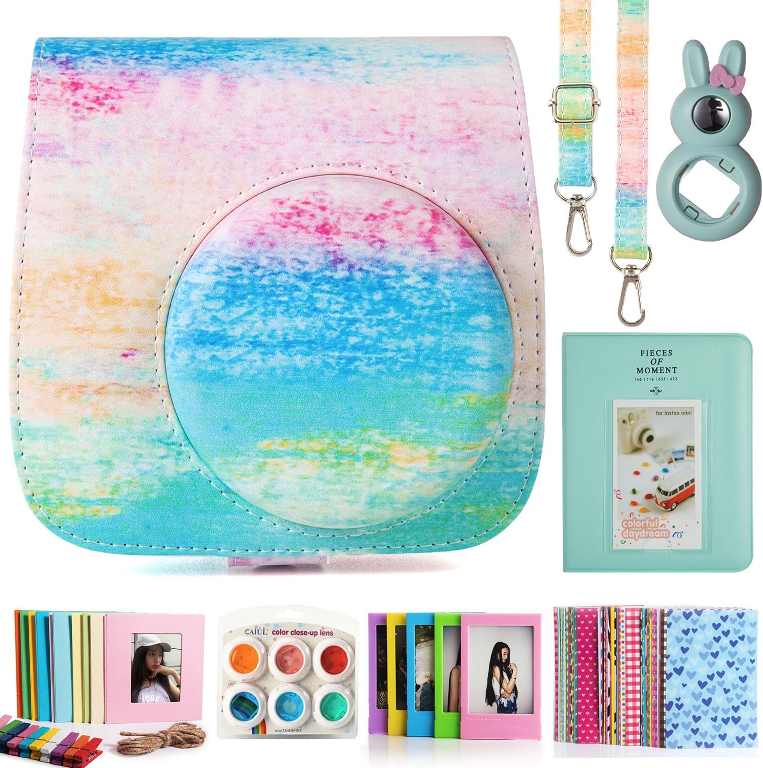 CAIUL Instax Mini 9 Camera Case Accessories Bundle, 7 Items with Case, Album, Lens and Frame for Fujifilm Instax Mini 8 8+ 9 Camera (Rainbow Mist)