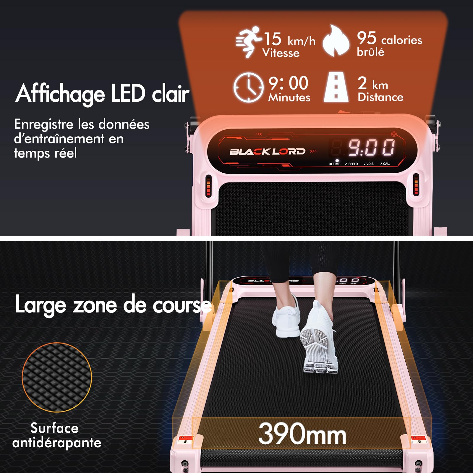 BLACK LORD Tapis de Course, Tapis de Marche Bureau, Moteur Silencieux 3.0HP, 130kg capacité, Suivi Bluetooth, 3 Niveaux Inclinaison, Tapis antidérapant,avec poignée,Rose