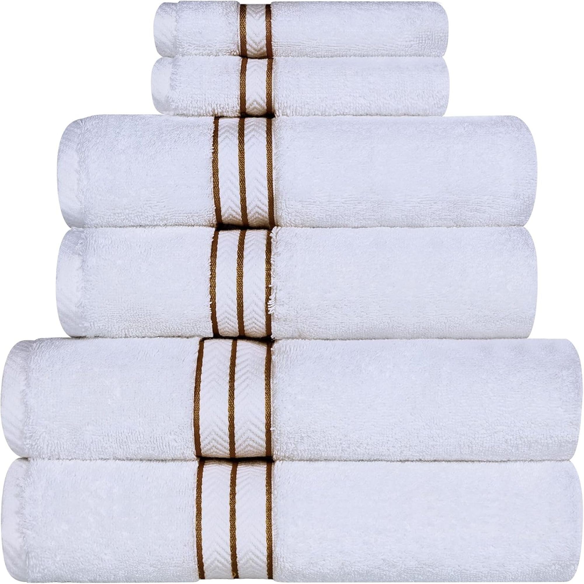 Superior White/Toast Hotel Collection 900 Gram, 100% Premium Long-Staple Combed Cotton 6 Piece Towel Set, With Border