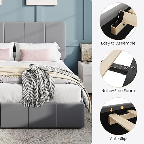 Miniatura 6 de SHA CERLIN - Marco de cama tamaño Queen tapizado en terciopelo, cama de plataforma con cabecera ajustable con canales verticales, marco de cama de