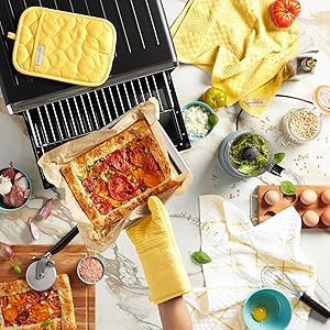 KITCHENAID Quilted Cotton Terry Cloth Oven Mitt, Pot Holder, Kitchen Towel 4-Pack Set, Heat Resistant, Silicone Grip, 16"x26", 7"x13" & 7"x10", Butter Yellow