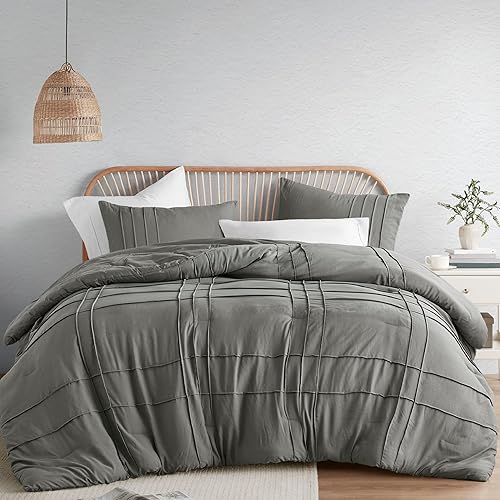 Comfort Spaces Juego de edredón gris tamaño Queen  Juego de ropa de cama plisada de 3 piezas tamaño Queen, para todas las estaciones, ligero, extra