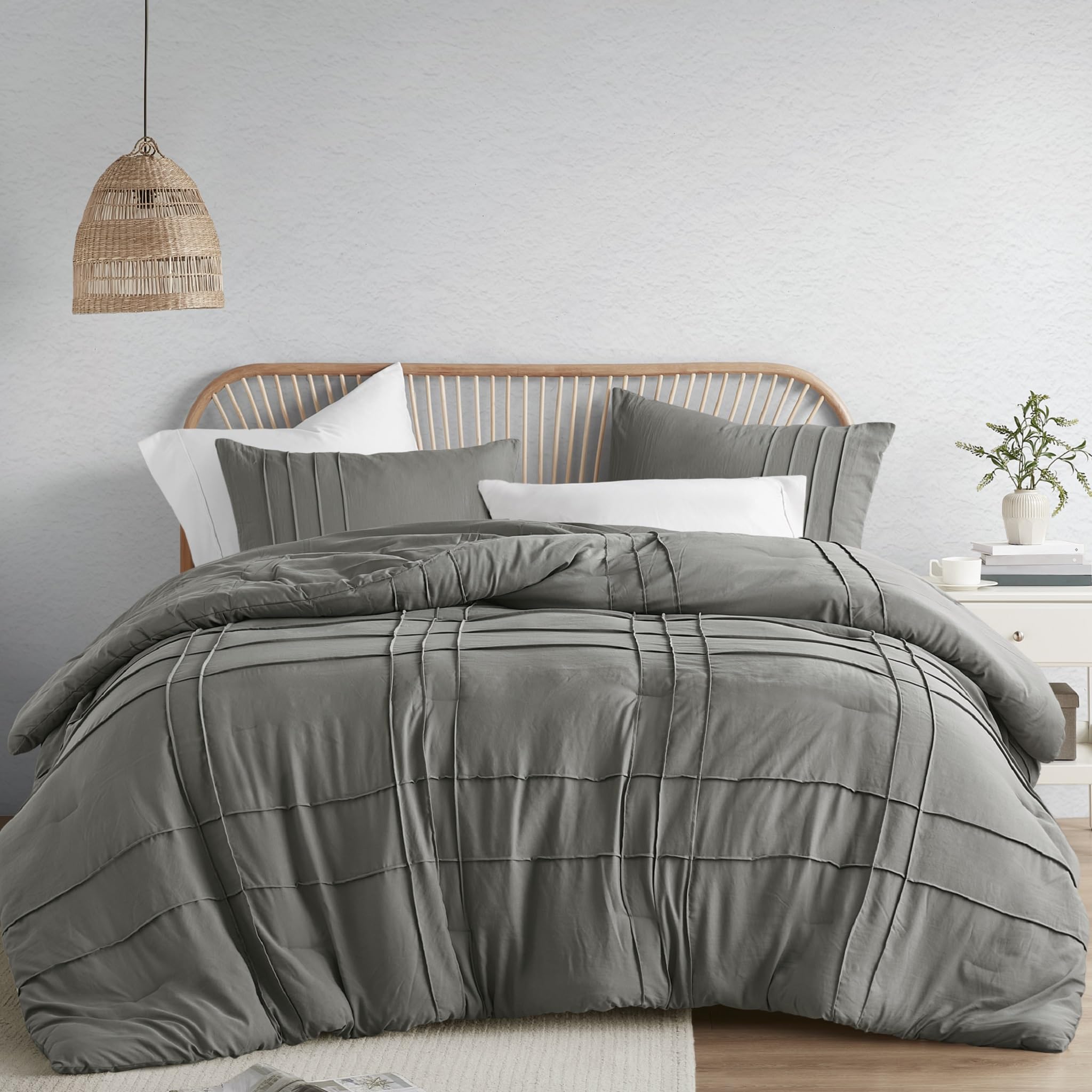 Comfort Spaces Grey Queen Comforter Set - 3 Pieces Pintuck Pleated Farmhouse Bedding Sets Queen, All Season Lightweight, Cotton-Like Softness Pre-Washed Microfiber Queen Bed Set, Shams, Full/Queen
